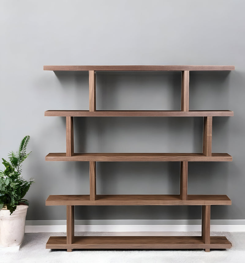 Brown And Natural Wood Five Tier Bookcase By Homeroots | Bookcases | Modishstore - 1