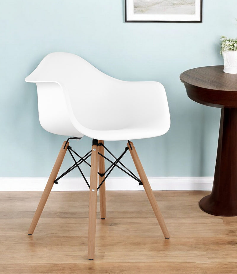 White And Natural Heavy Duty Plastic And Solid Wood Dining Arm Chair By Homeroots | Dining Chairs | Modishstore - 1