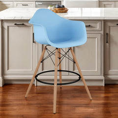 Light Blue And Brown Heavy Duty Plastic And Solid Wood Low Back Counter Height Bar Chair By Homeroots