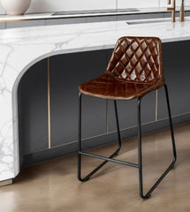 Brown and Black Leather and Iron Counter Height Bar Chair By Homeroots