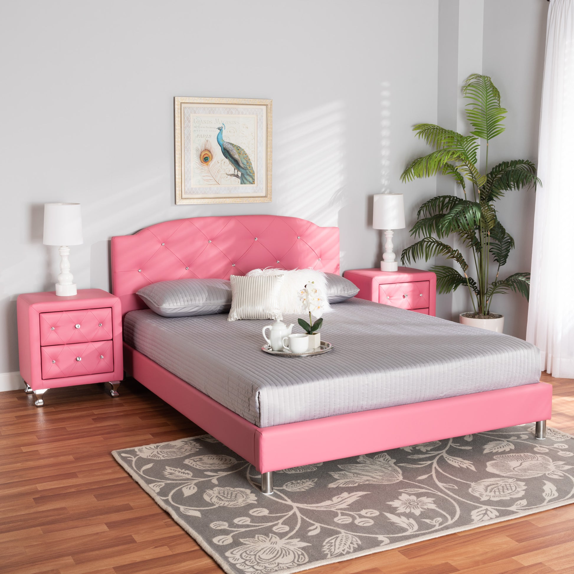 Baxton Studio Canterbury Contemporary Glam Pink Faux Leather Upholstered Full Size 3-Piece Bedroom Set | Beds | Modishstore