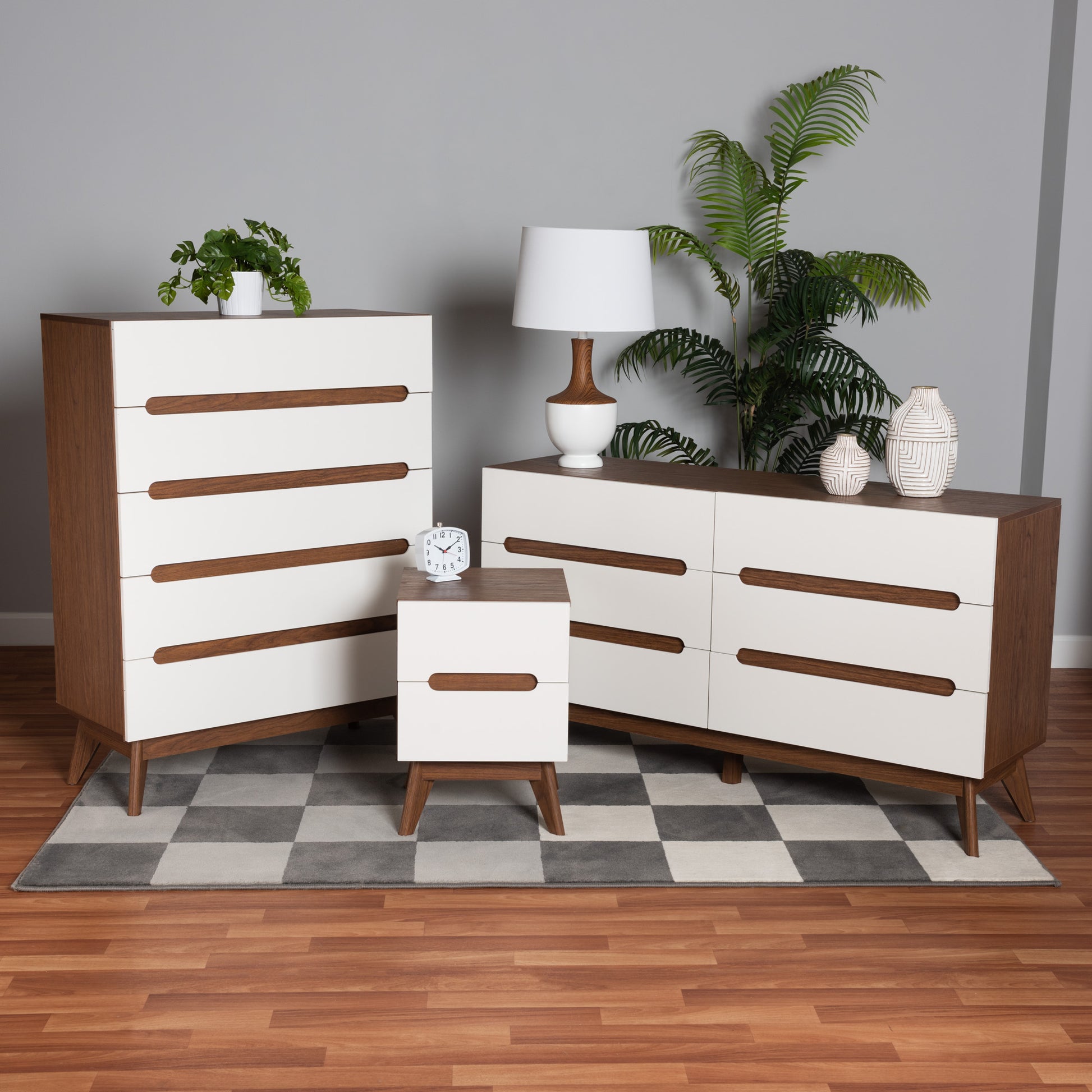 Baxton Studio Calypso Mid-Century Modern Two-Tone White and Walnut Brown Finished Wood 3-Piece Storage Set | Bedroom Sets | Modishstore