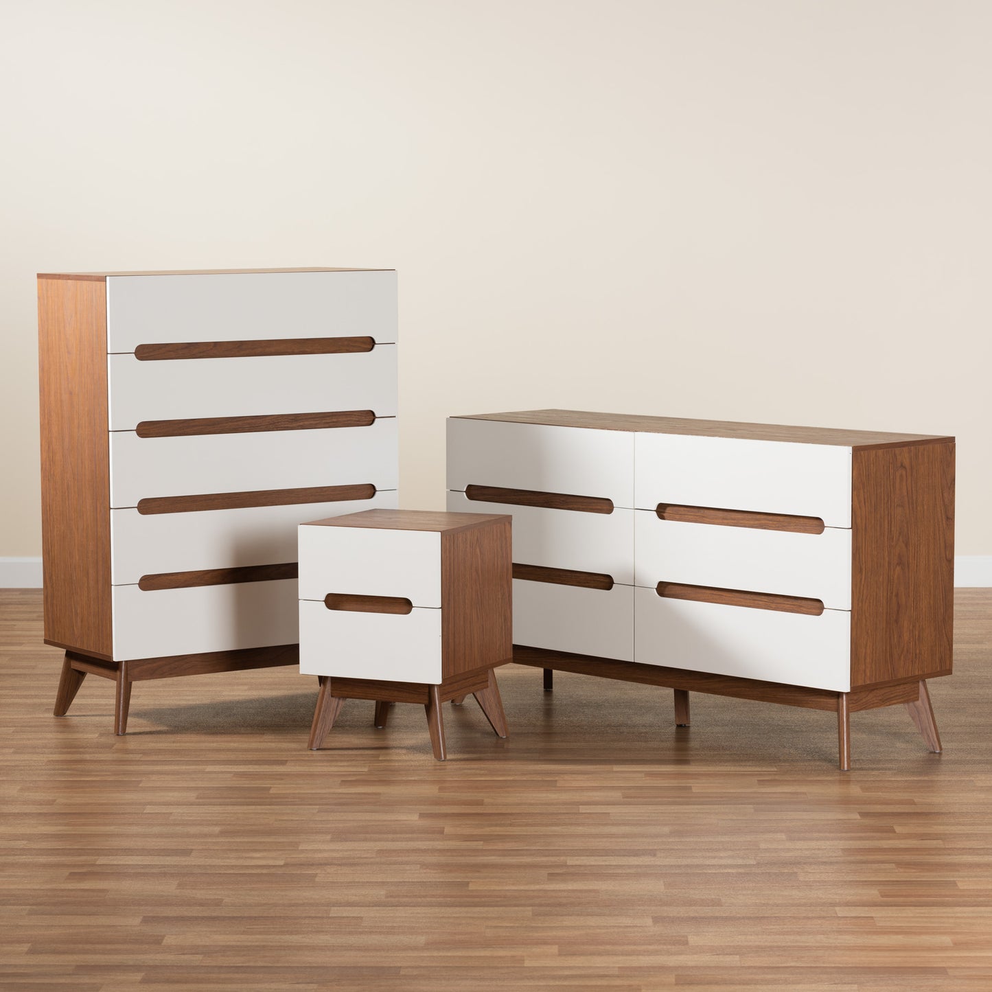 Baxton Studio Calypso Mid-Century Modern Two-Tone White and Walnut Brown Finished Wood 3-Piece Storage Set | Bedroom Sets | Modishstore - 2