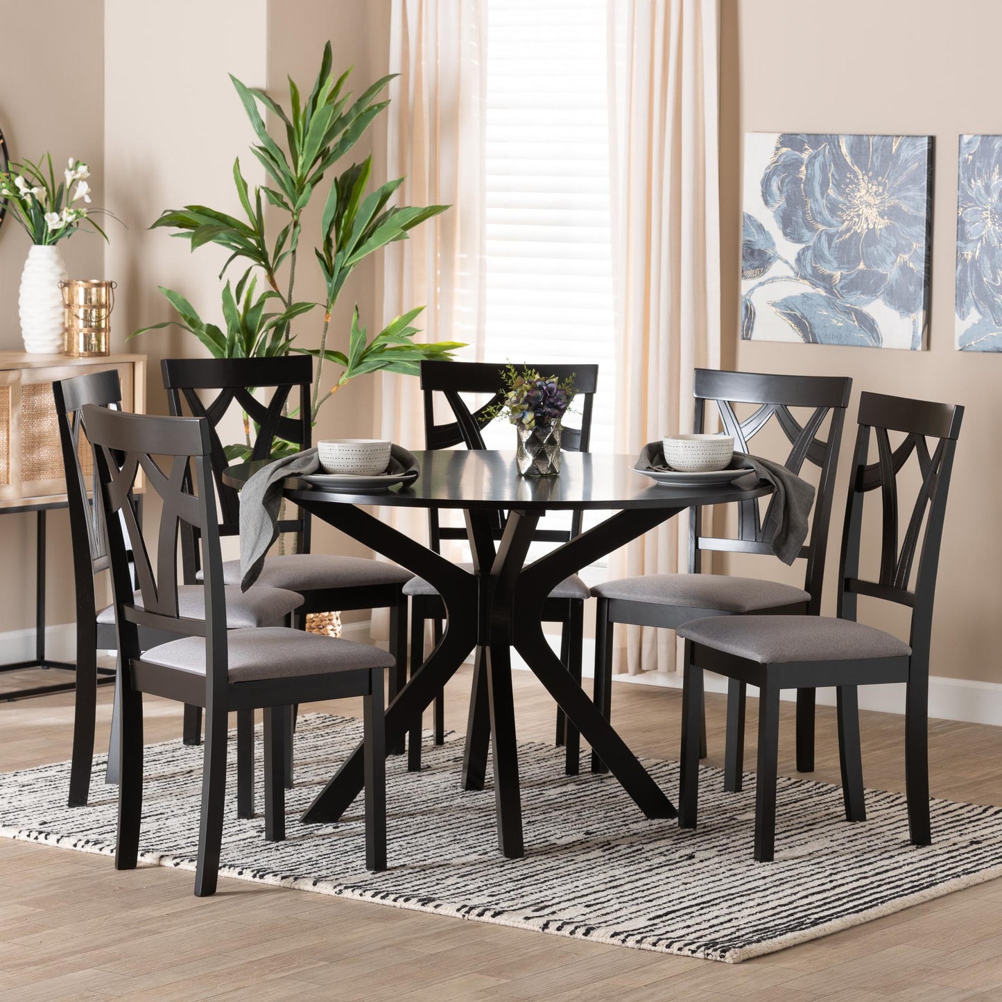 Baxton Studio Luise Modern Grey Fabric and Dark Brown Finished Wood 7-Piece Dining Set | Dining Sets | Modishstore