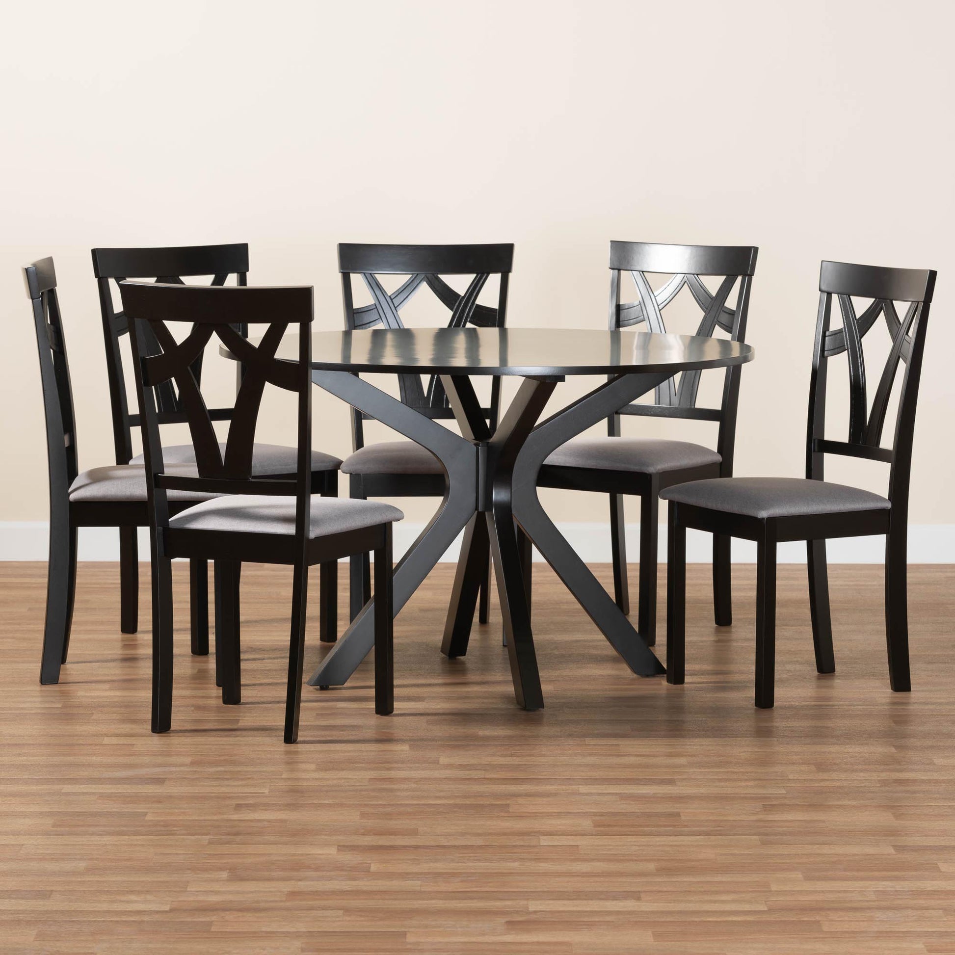 Baxton Studio Luise Modern Grey Fabric and Dark Brown Finished Wood 7-Piece Dining Set | Dining Sets | Modishstore - 9