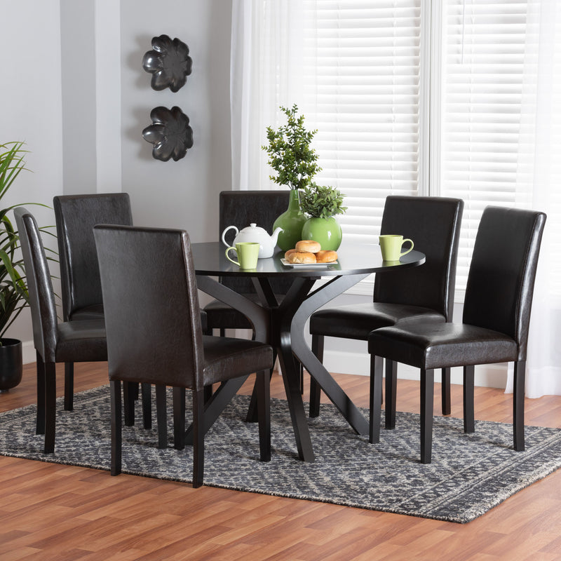 Baxton Studio Asli Modern Espresso Brown Faux Leather and Wood 7-Piece Dining Set | Dining Sets | Modishstore