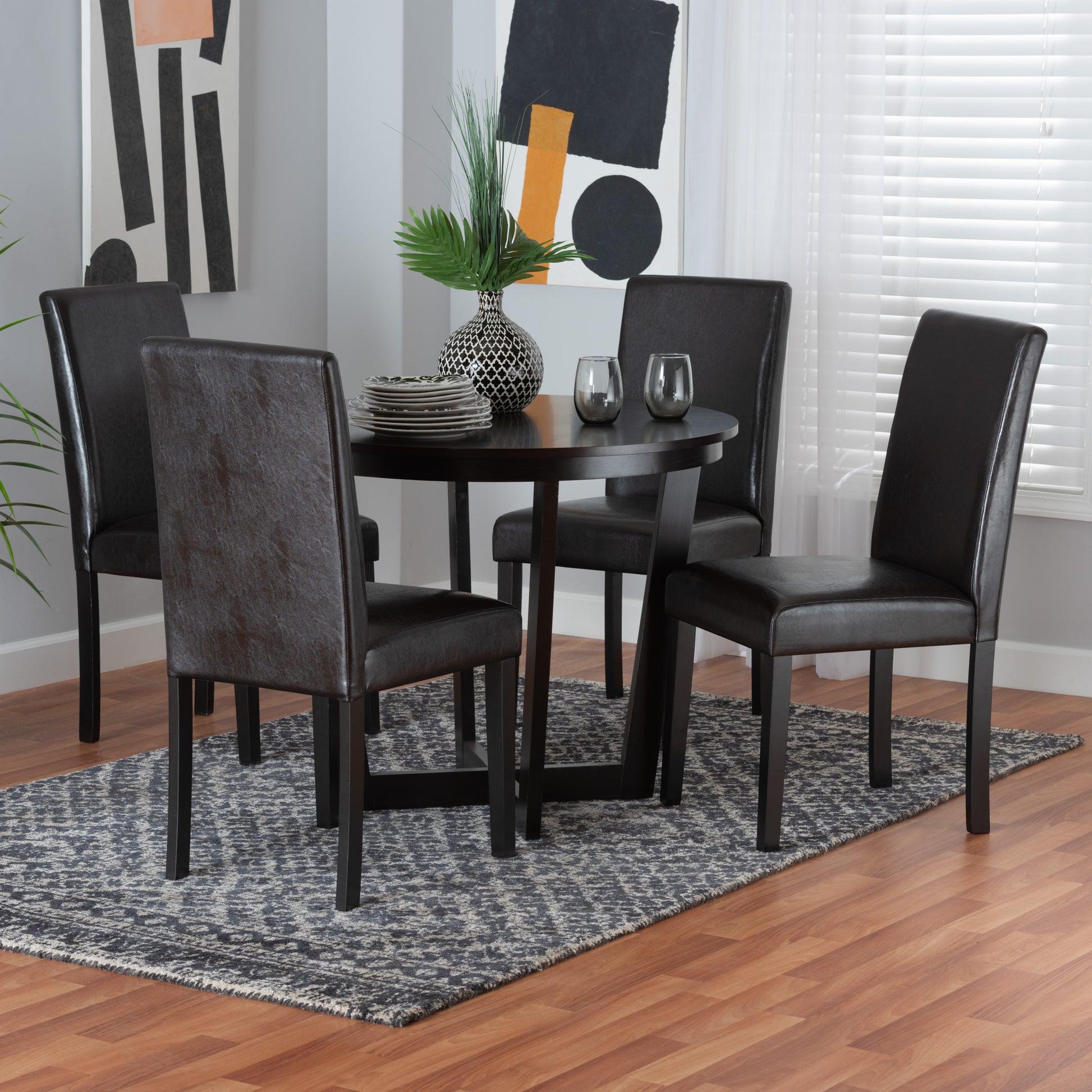 Baxton Studio Bruna Modern Dark Brown Faux Leather and Espresso Brown Finished Wood 5-Piece Dining Set | Dining Sets | Modishstore