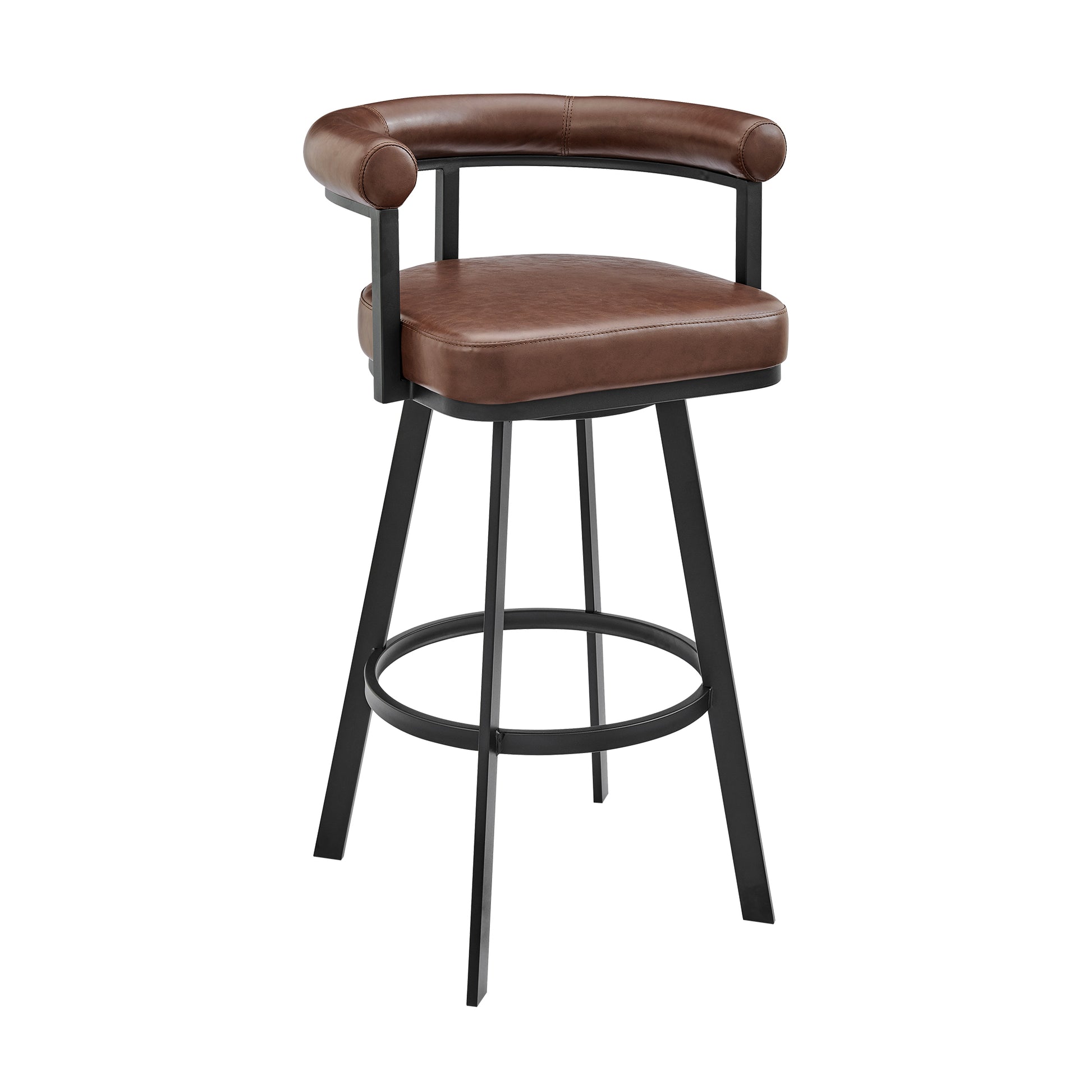 Nolagam Swivel Counter Stool in Black Metal with Brown Faux Leather By Armen Living | Bar Stools | Modishstore - 2