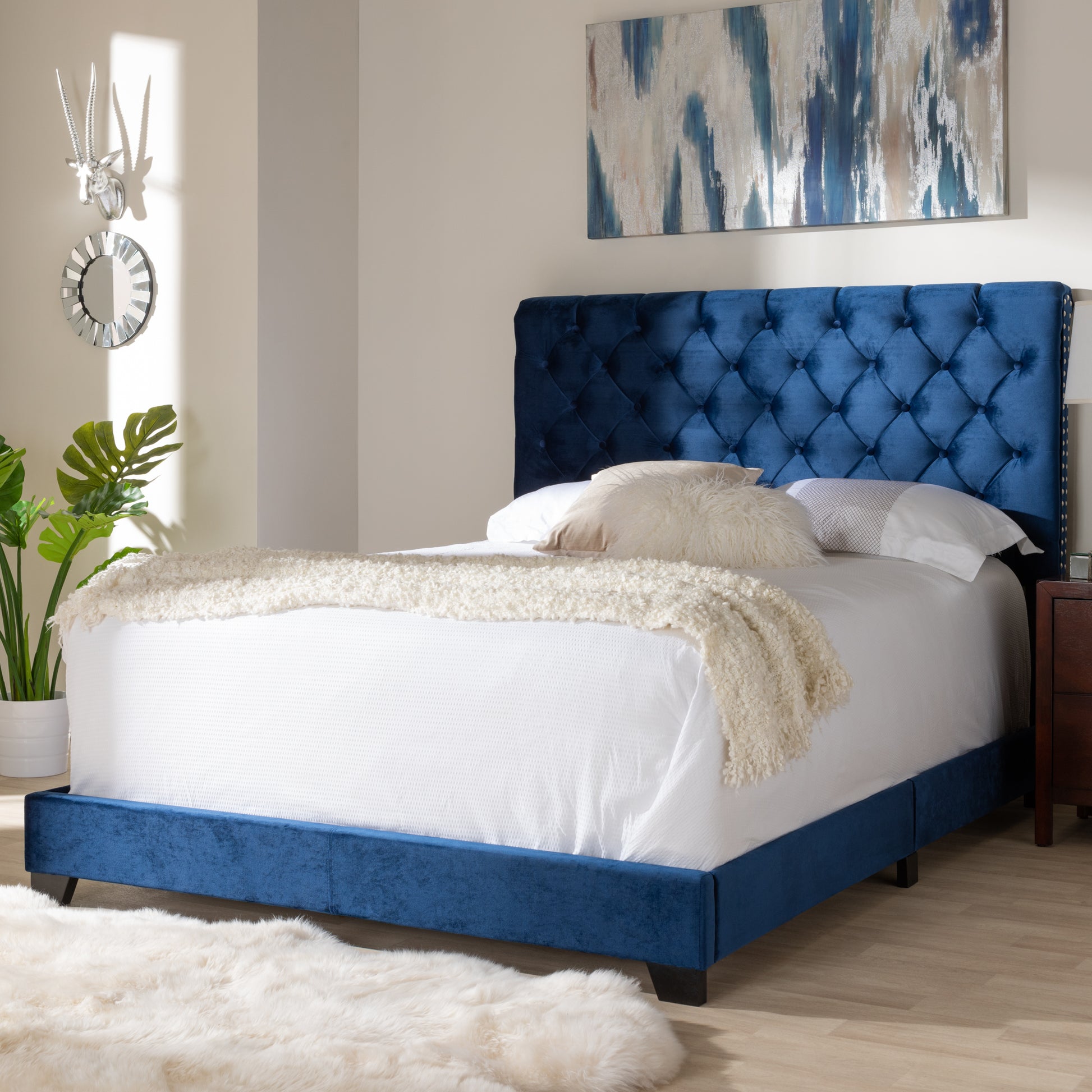 Baxton Studio Candace Luxe and Glamour Navy Velvet Upholstered Full Size Bed | Beds | Modishstore