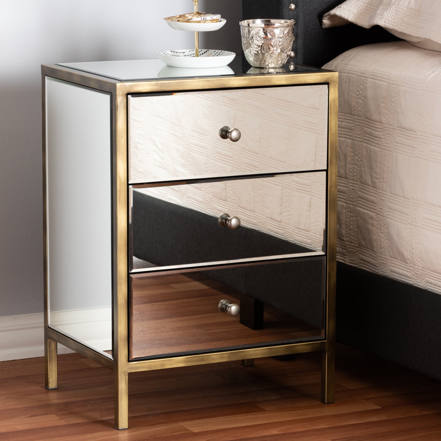 Baxton Studio Nouria Modern and Contemporary Hollywood Regency Glamour Style Mirrored 3-Drawer End Table | End Tables | Modishstore