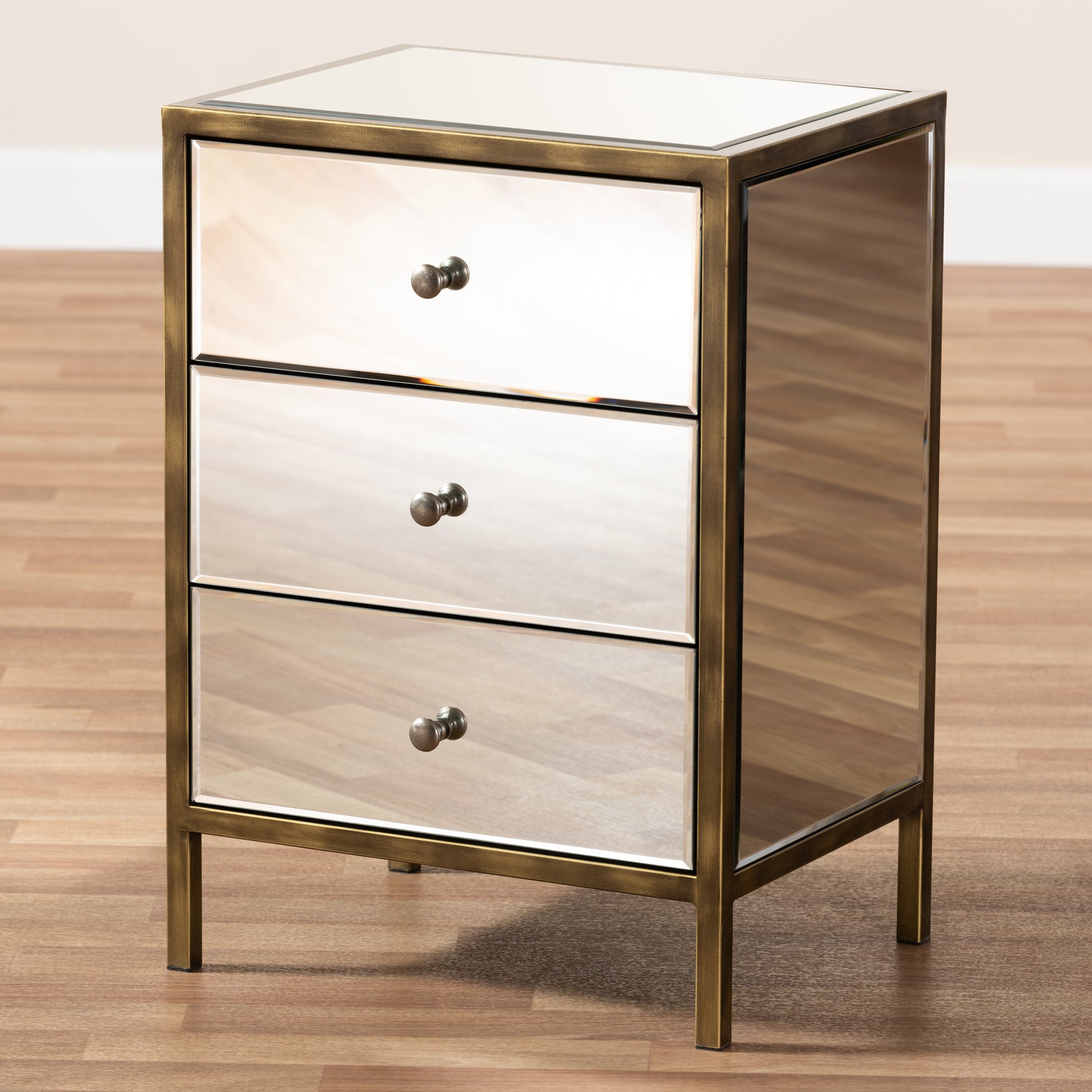 Baxton Studio Nouria Modern and Contemporary Hollywood Regency Glamour Style Mirrored 3-Drawer End Table | End Tables | Modishstore - 6