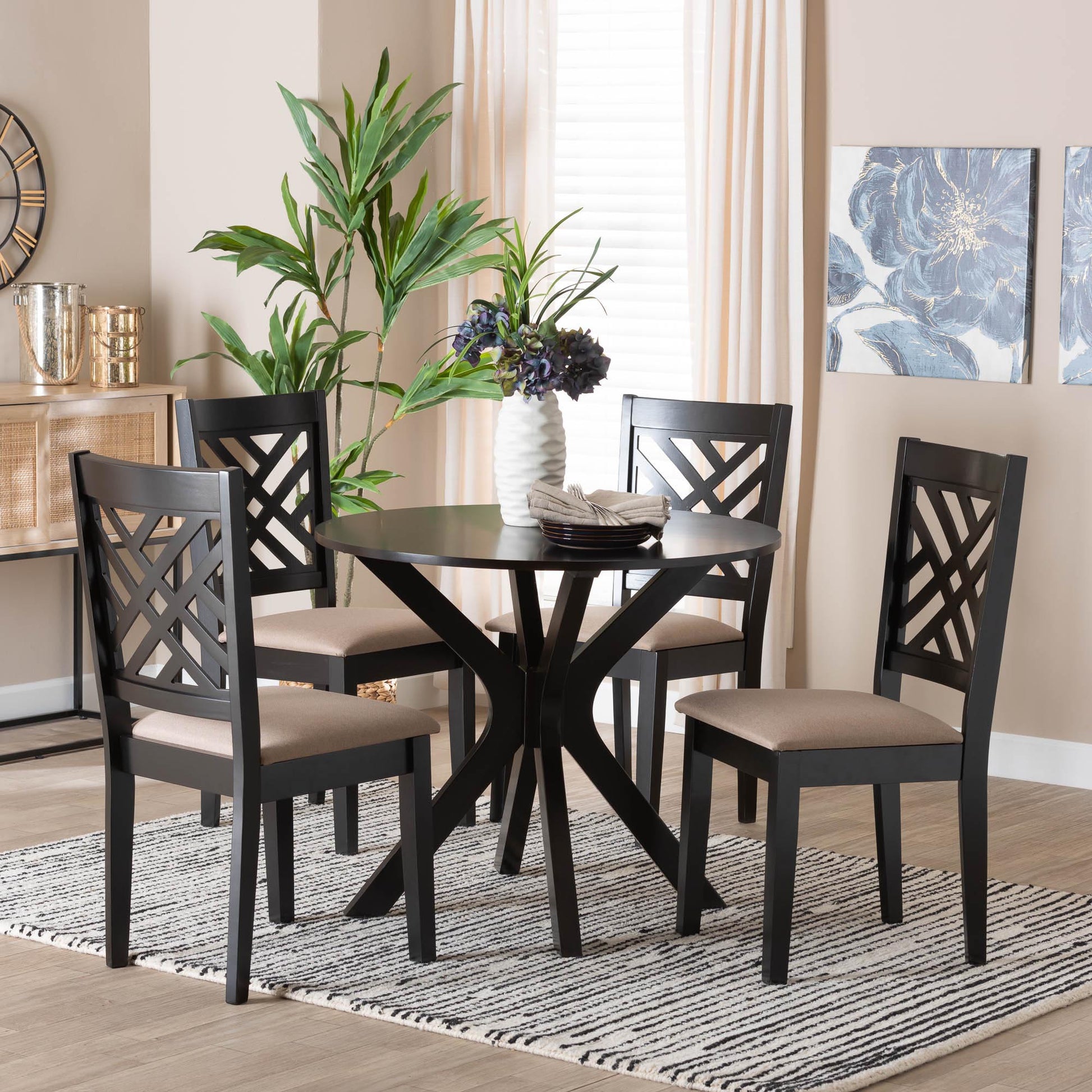 Baxton Studio Norah Modern Sand Fabric and Dark Brown Finished Wood 5-Piece Dining Set | Dining Sets | Modishstore