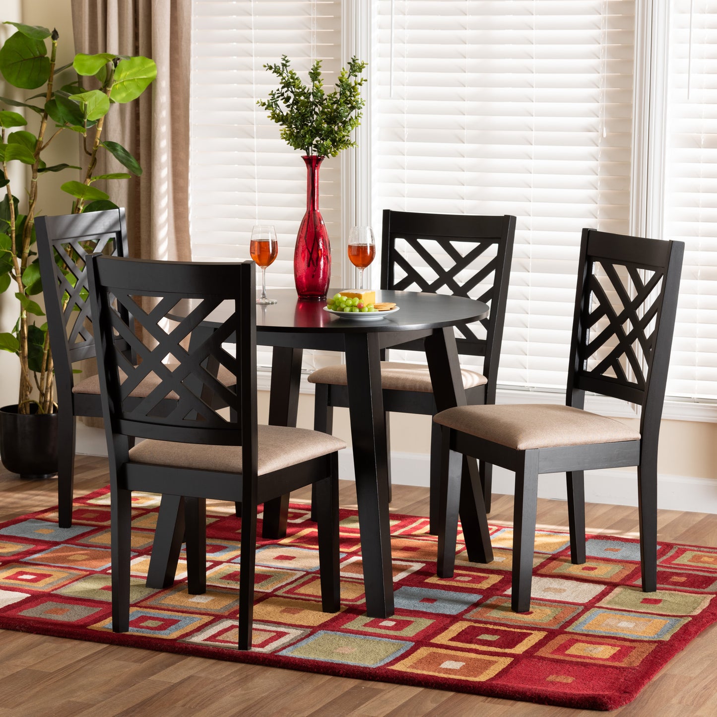 Baxton Studio Ellie Modern Beige Fabric and Dark Brown Finished Wood 5-Piece Dining Set | Dining Sets | Modishstore