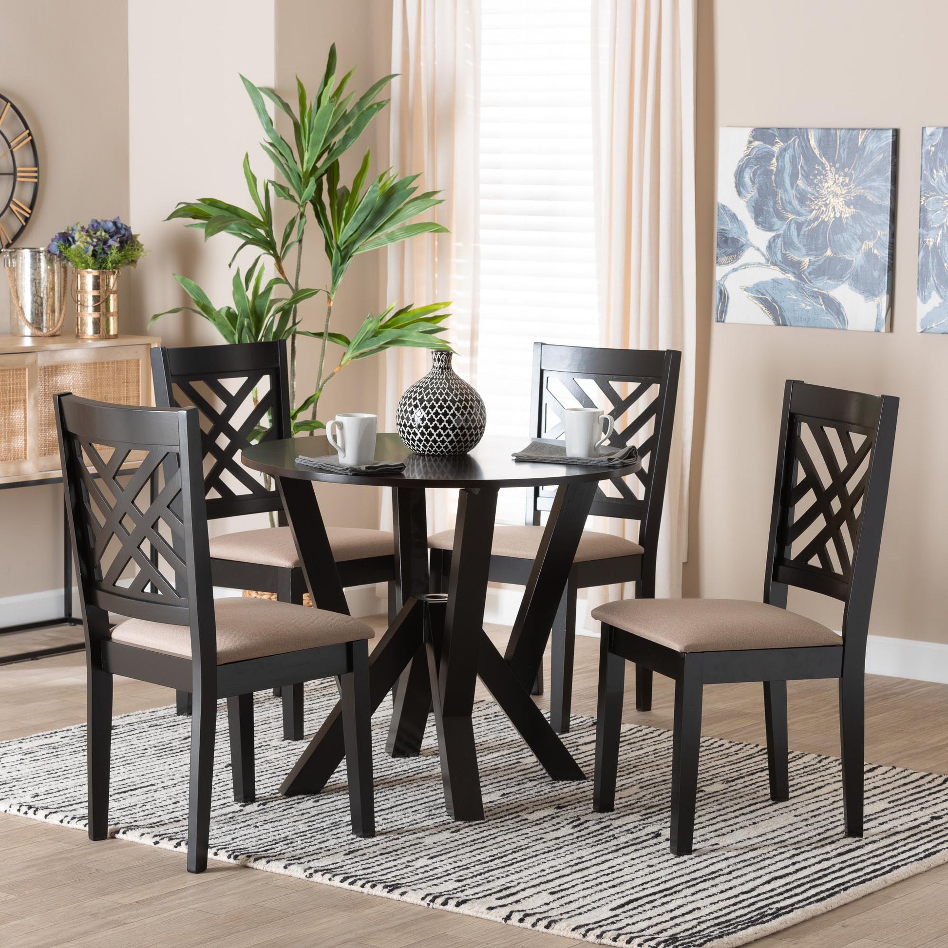 Baxton Studio Elise Modern Sand Fabric and Dark Brown Finished Wood 5-Piece Dining Set | Dining Sets | Modishstore