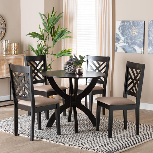 Baxton Studio Edona Modern Sand Fabric and Walnut Brown Finished Wood 5-Piece Dining Set | Dining Sets | Modishstore