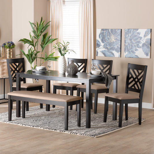 Baxton Studio Gustavo Modern Sand Fabric and Walnut Brown Finished Wood 6-Piece Dining Set | Dining Sets | Modishstore