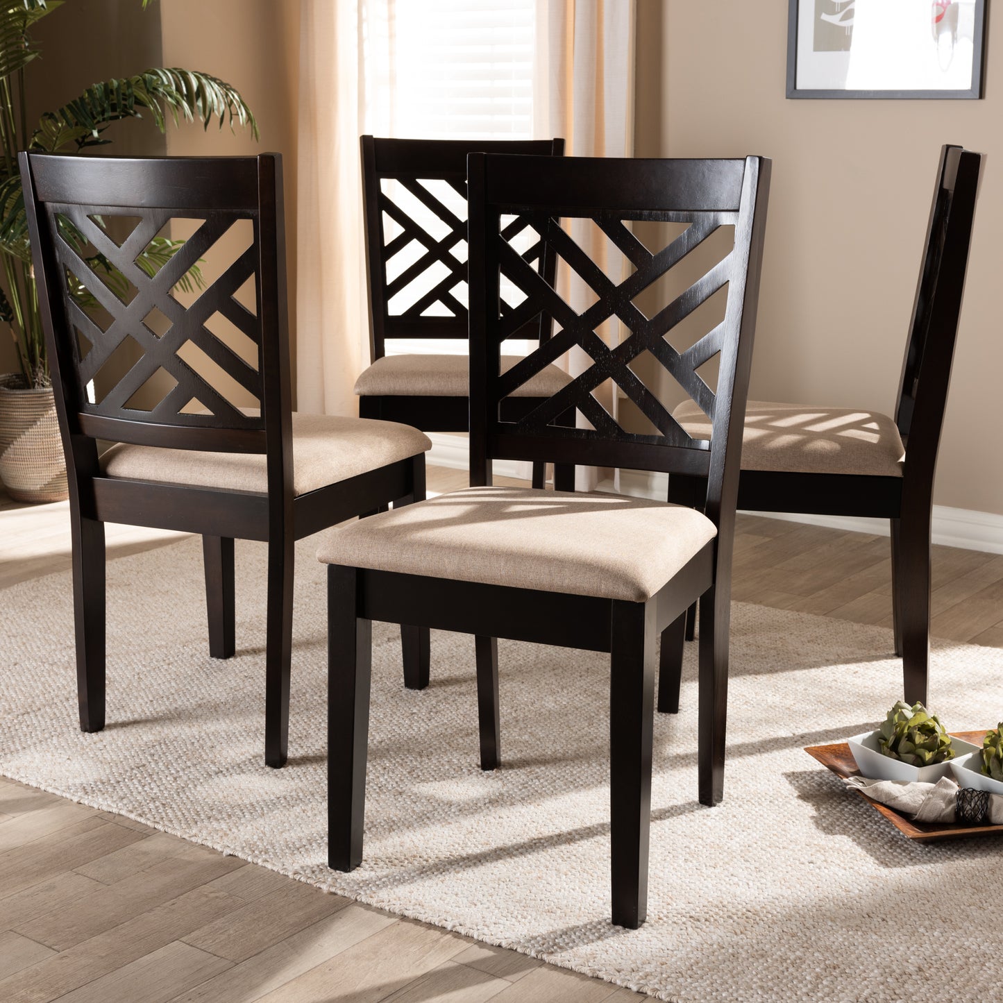 Baxton Studio Caron Modern and Contemporary Sand Fabric Upholstered Espresso Brown Finished Wood Dining Chair Set of 4 | Dining Chairs | Modishstore