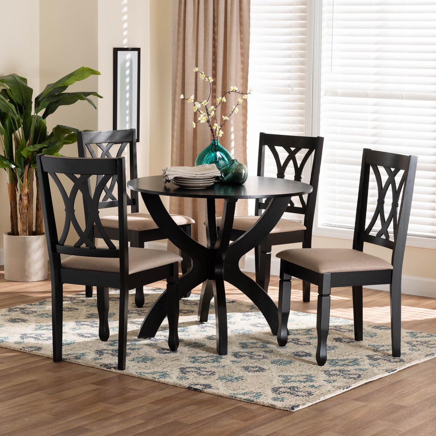 Baxton Studio April Modern Sand Fabric and Dark Brown Finished Wood 5-Piece Dining Set | Dining Sets | Modishstore