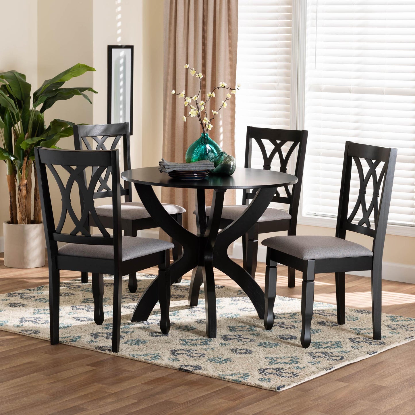 Baxton Studio April Modern Grey Fabric and Dark Brown Finished Wood 5-Piece Dining Set | Dining Sets | Modishstore