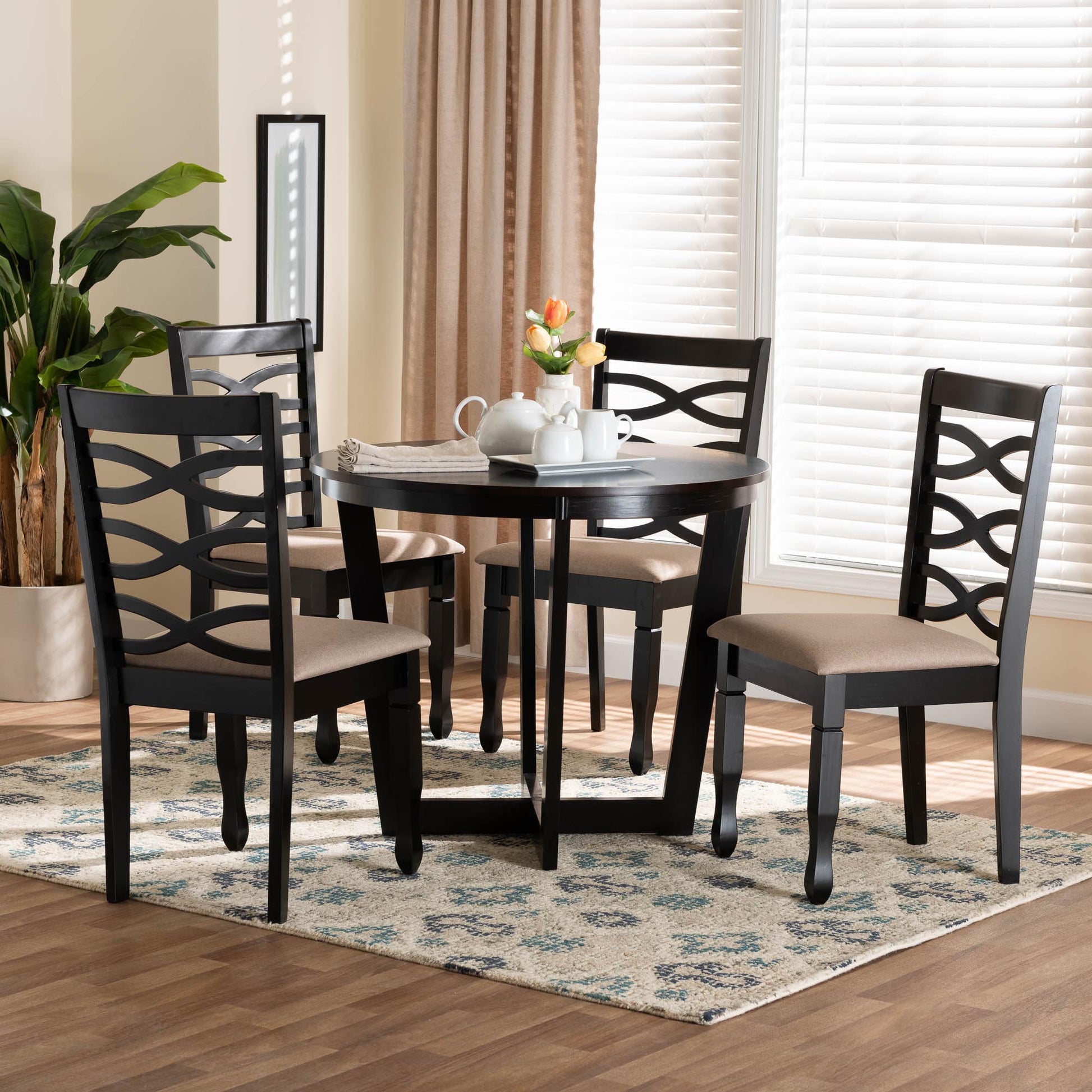 Baxton Studio Leda Modern Sand Fabric and Dark Brown Finished Wood 5-Piece Dining Set | Dining Sets | Modishstore