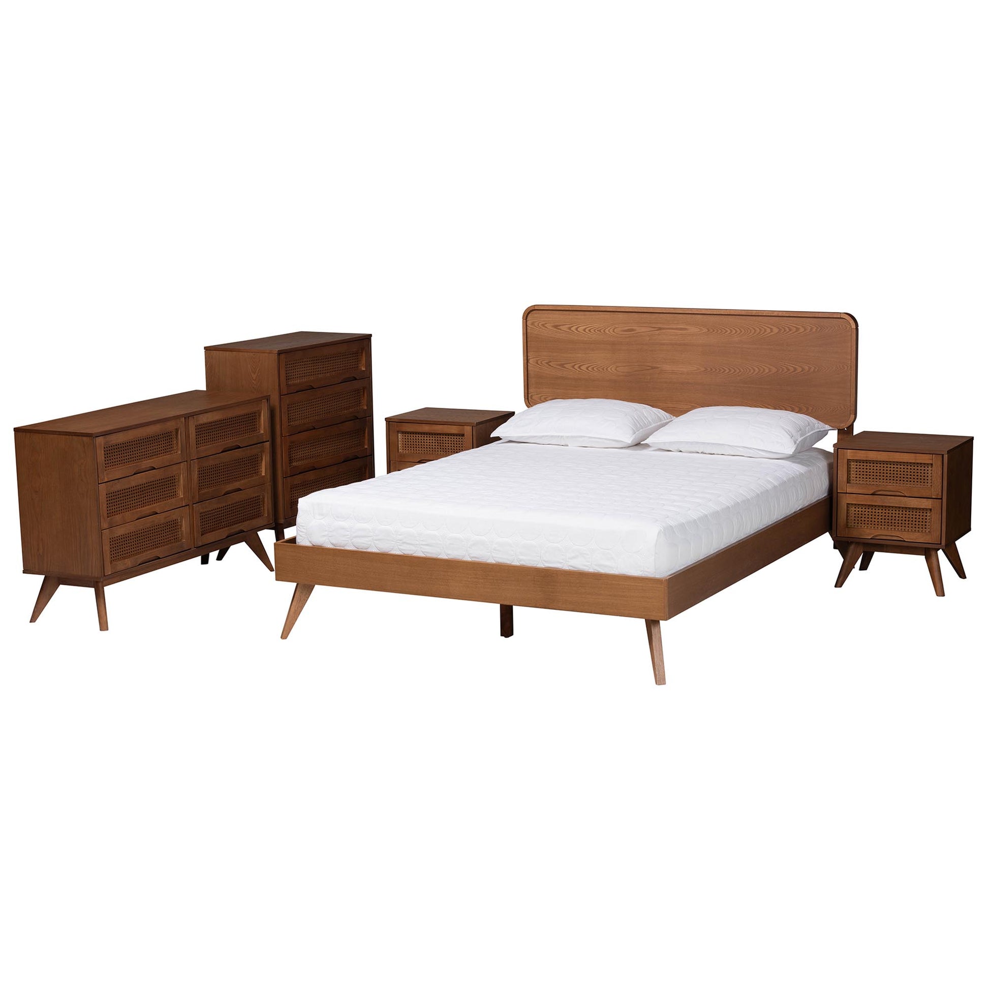 Baxton Studio Demeter Mid-Century Modern Walnut Brown Finished Wood Full Size 5-Piece Bedroom Set | Beds | Modishstore - 2