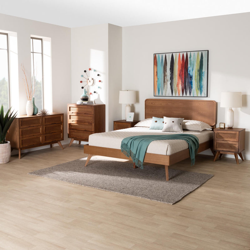 Baxton Studio Demeter Mid-Century Modern Walnut Brown Finished Wood Queen Size 5-Piece Bedroom Set | Bedroom Sets | Modishstore