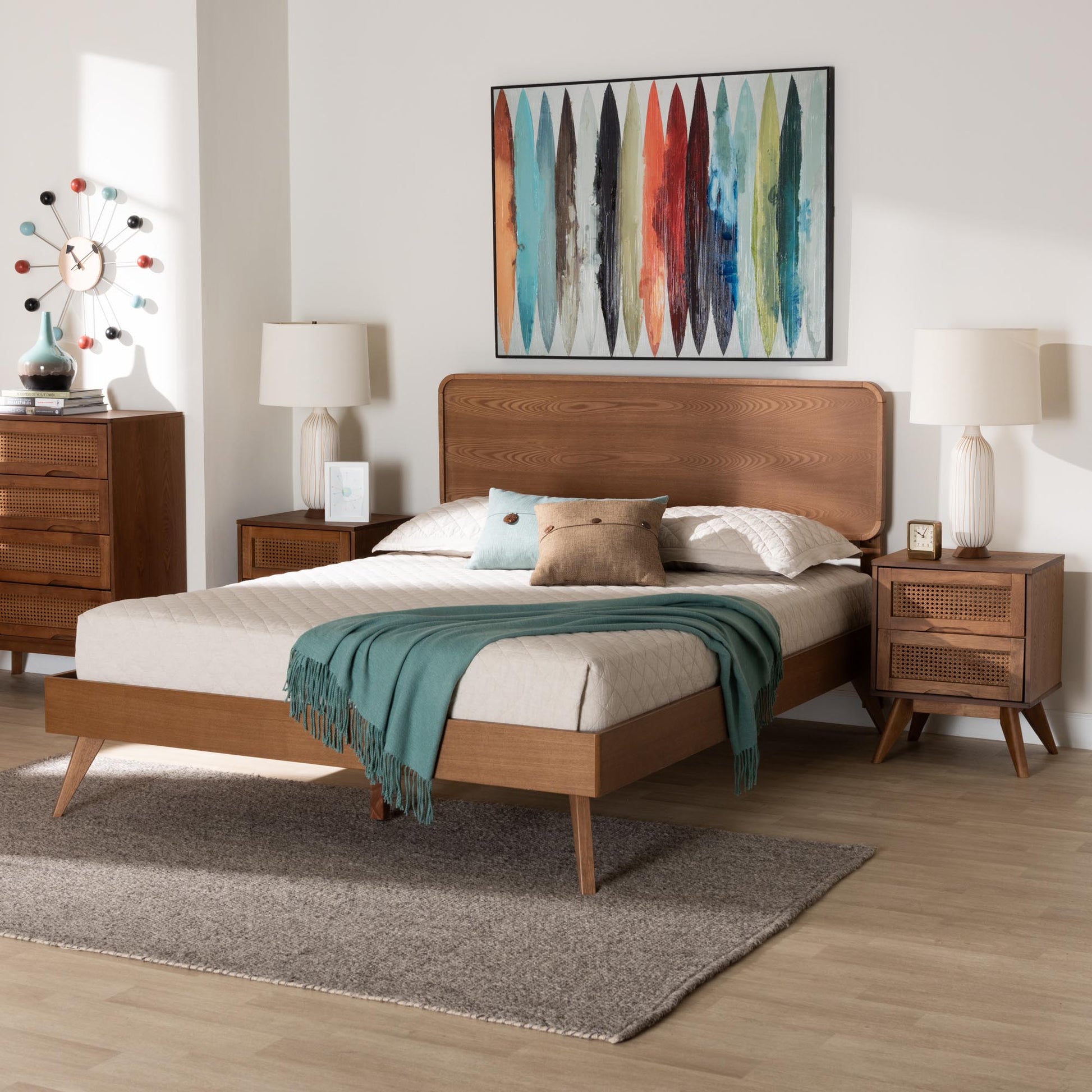 Baxton Studio Demeter Mid-Century Modern Walnut Brown Finished Wood Full Size 3-Piece Bedroom Set | Beds | Modishstore