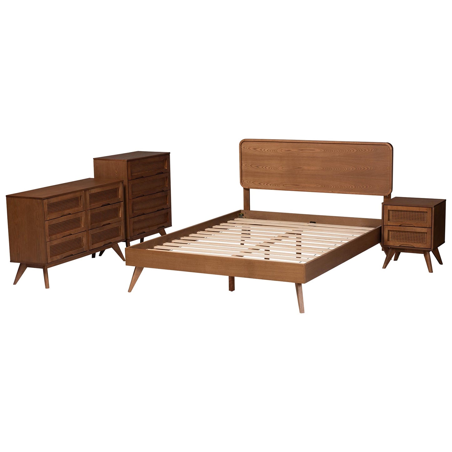 Baxton Studio Demeter Mid-Century Modern Walnut Brown Finished Wood Full Size 4-Piece Bedroom Set | Beds | Modishstore - 3