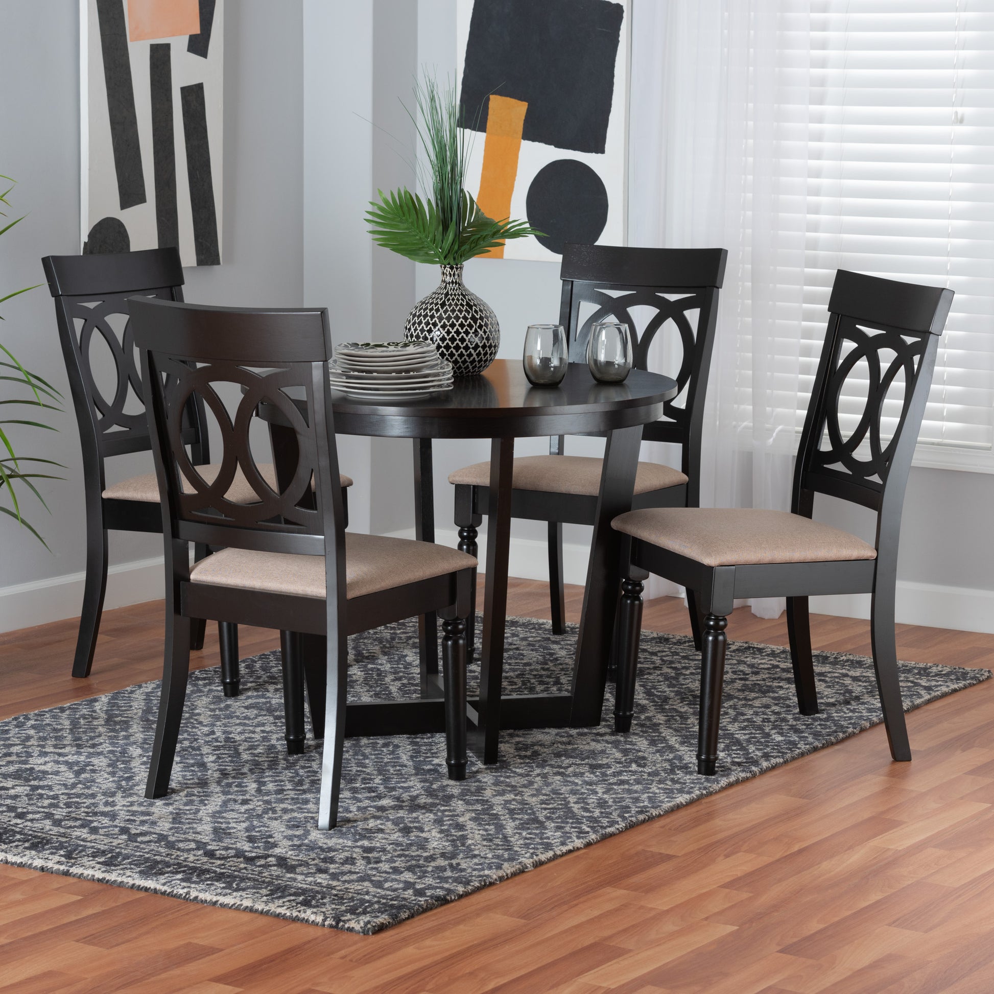 Baxton Studio Estelle Modern Beige Fabric and Dark Brown Finished Wood 5-Piece Dining Set | Dining Sets | Modishstore