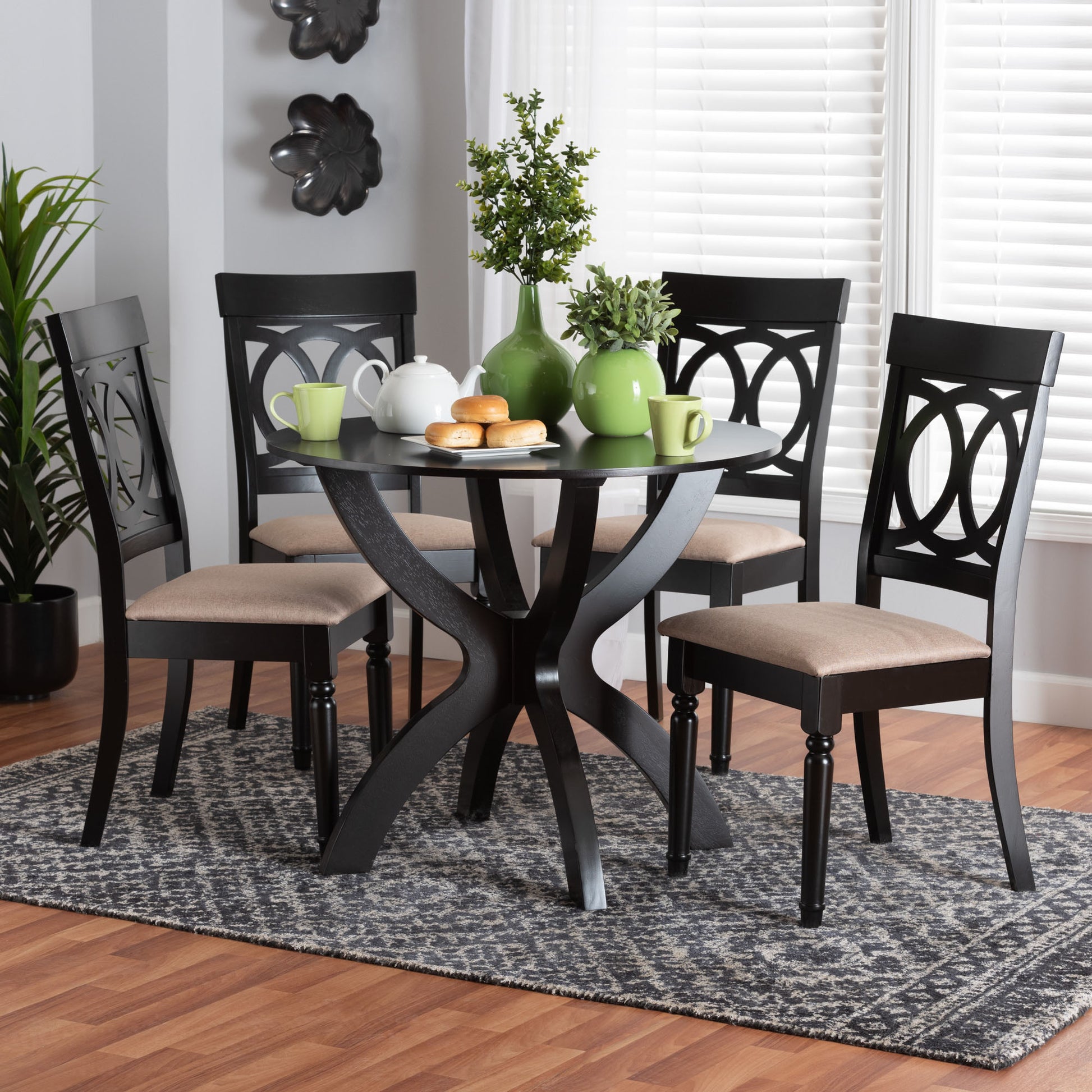 Baxton Studio Velia Modern Sand Fabric and Dark Brown Finished Wood 5-Piece Dining Set | Dining Sets | Modishstore