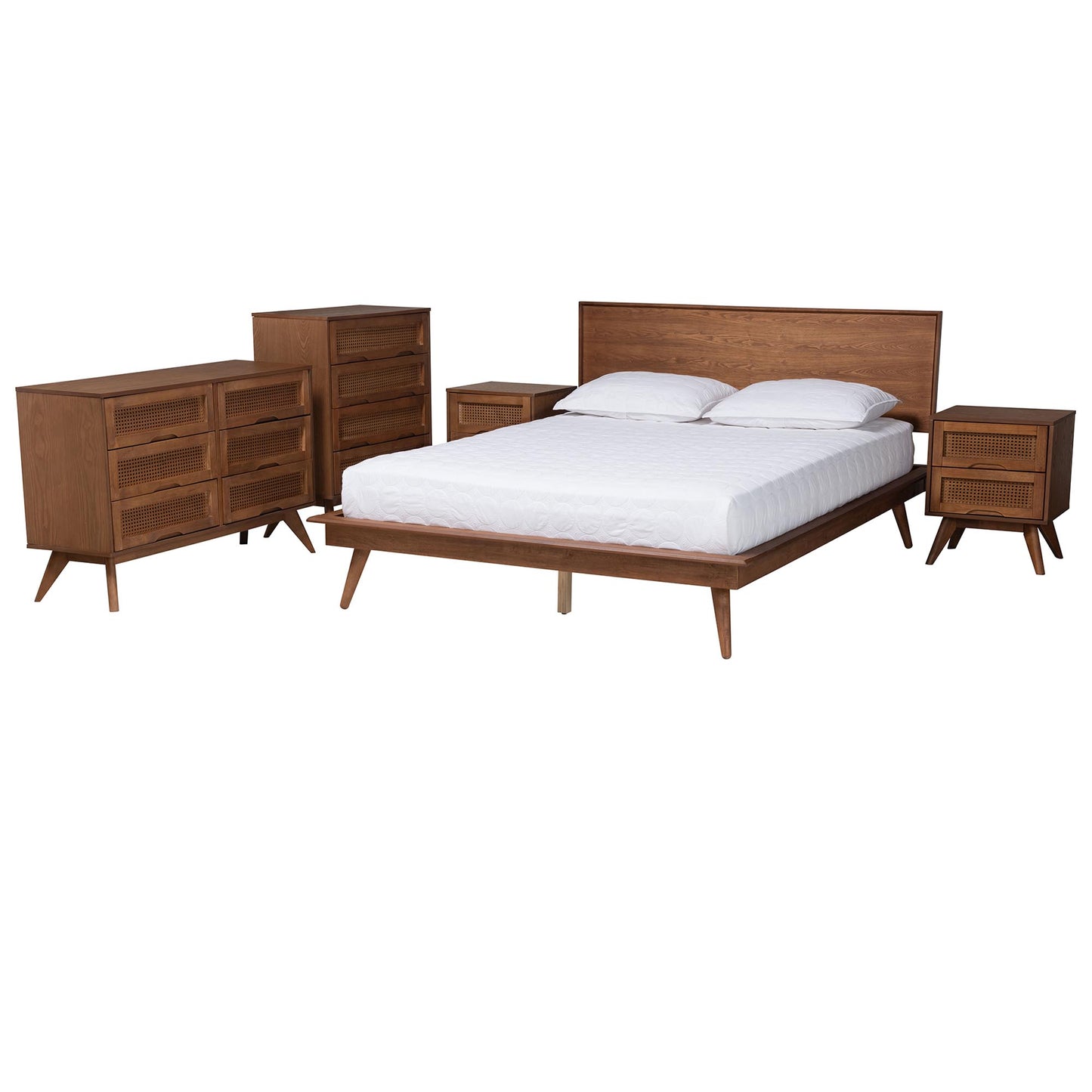 Baxton Studio Melora Mid-Century Modern Walnut Brown Finished Wood and Rattan Full Size 5-Piece Bedroom Set | Beds | Modishstore - 2