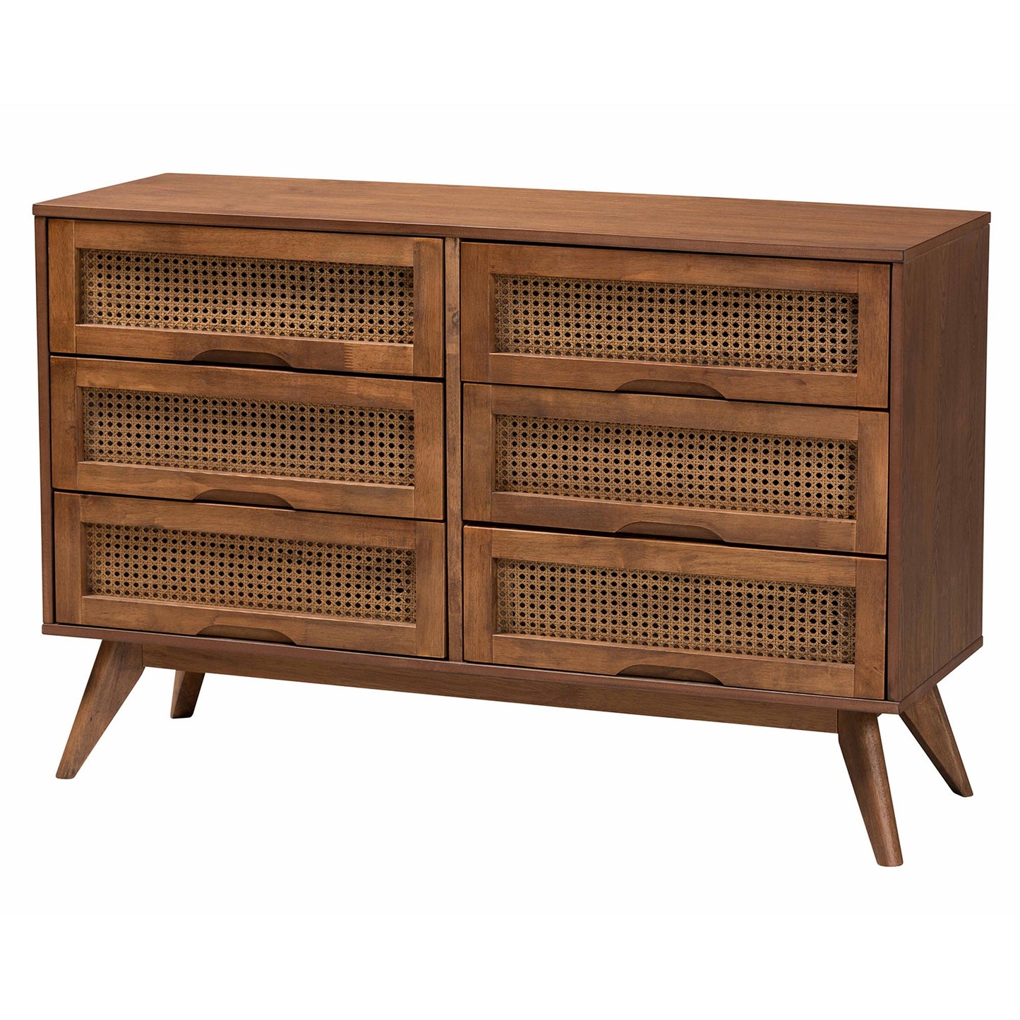 Baxton Studio Melora Mid-Century Modern Walnut Brown Finished Wood and Rattan Full Size 5-Piece Bedroom Set | Beds | Modishstore - 7