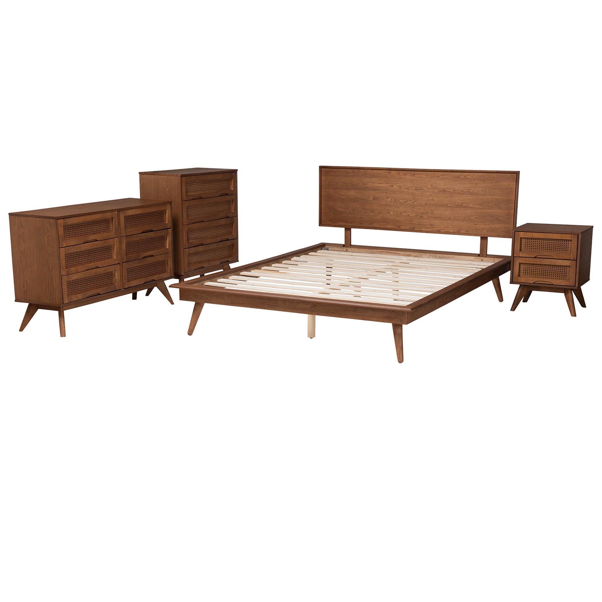 Baxton Studio Melora Mid-Century Modern Walnut Brown Finished Wood and Rattan King Size 4-Piece Bedroom Set | Bedroom Sets | Modishstore - 7