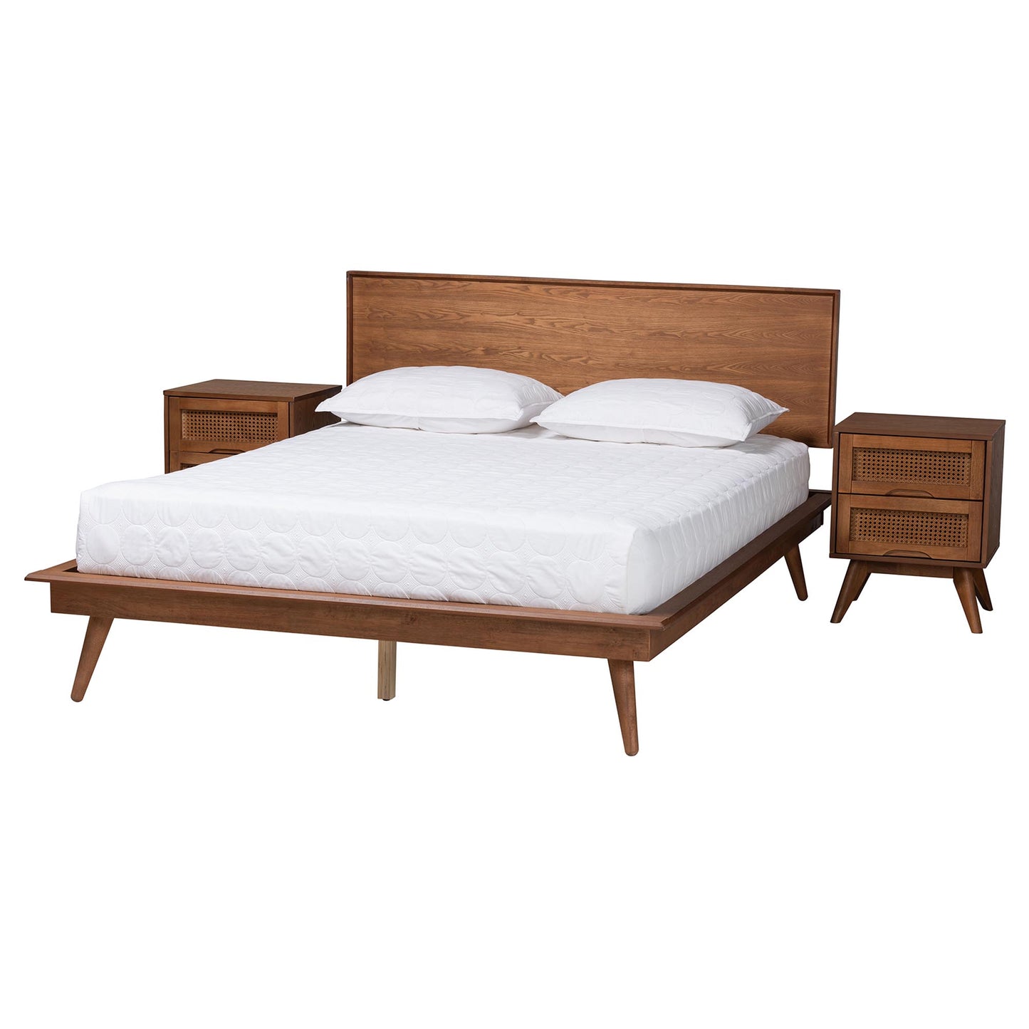 Baxton Studio Melora Mid-Century Modern Walnut Brown Finished Wood and Rattan Full Size 3-Piece Bedroom Set | Beds | Modishstore - 2