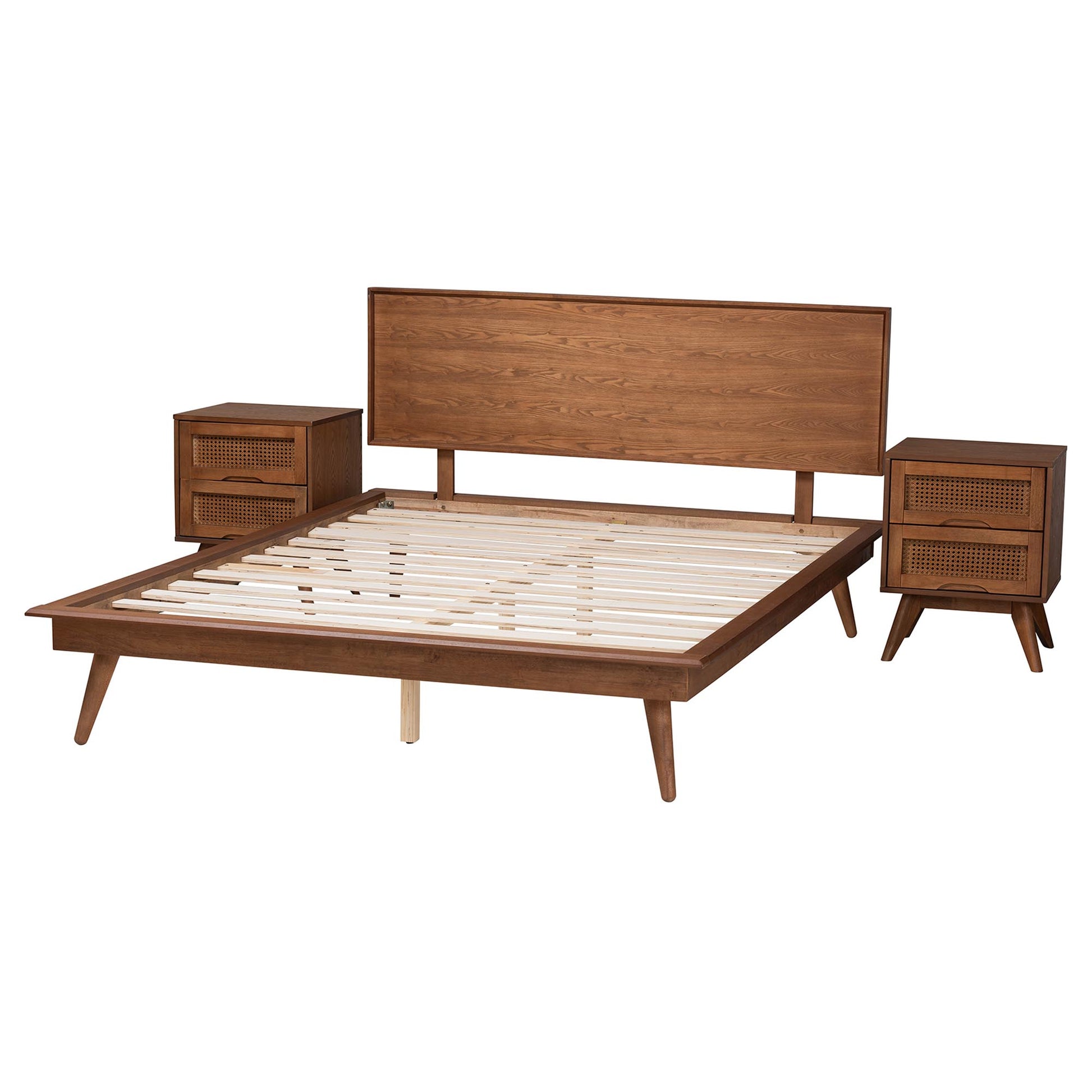 Baxton Studio Melora Mid-Century Modern Walnut Brown Finished Wood and Rattan Full Size 3-Piece Bedroom Set | Beds | Modishstore - 3