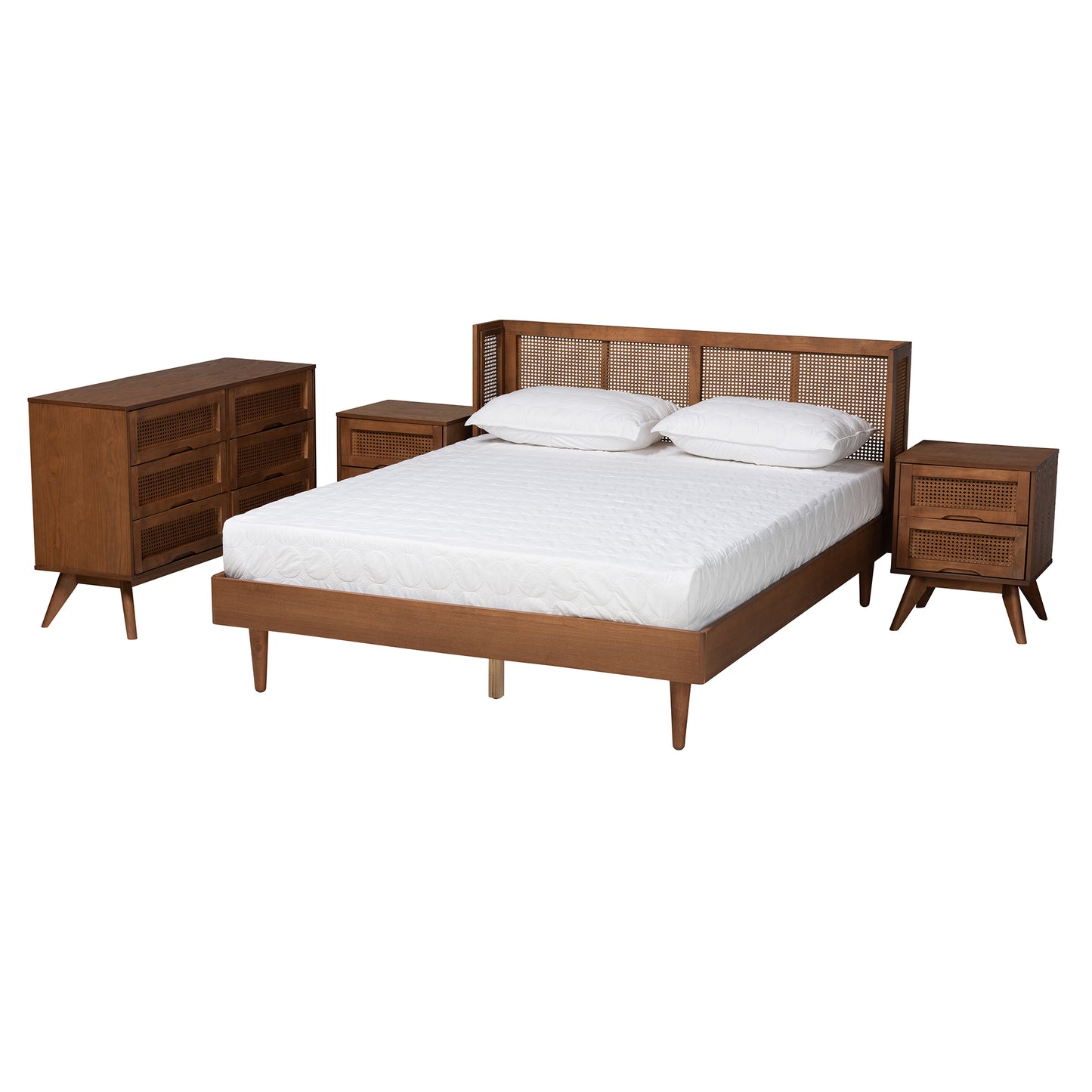 Baxton Studio Rina Mid-Century Modern Ash Walnut Finished Wood 4-Piece Queen Size Bedroom Set with Synthetic Rattan | Bedroom Sets | Modishstore - 5