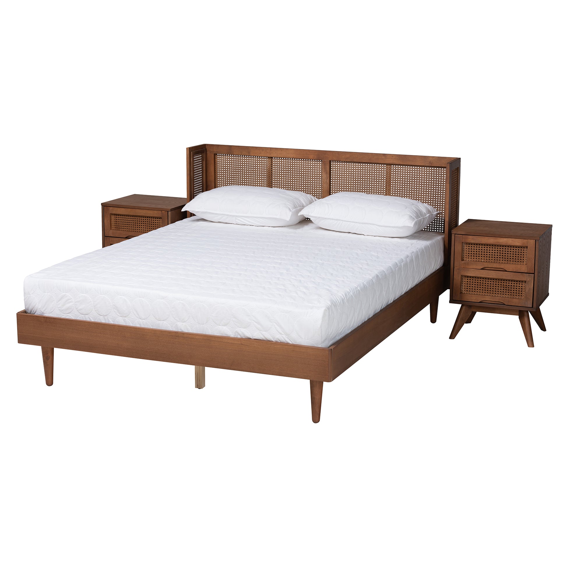 Baxton Studio Rina Mid-Century Modern Ash Walnut Finished Wood 3-Piece Full Size Bedroom Set with Synthetic Rattan | Beds | Modishstore - 2