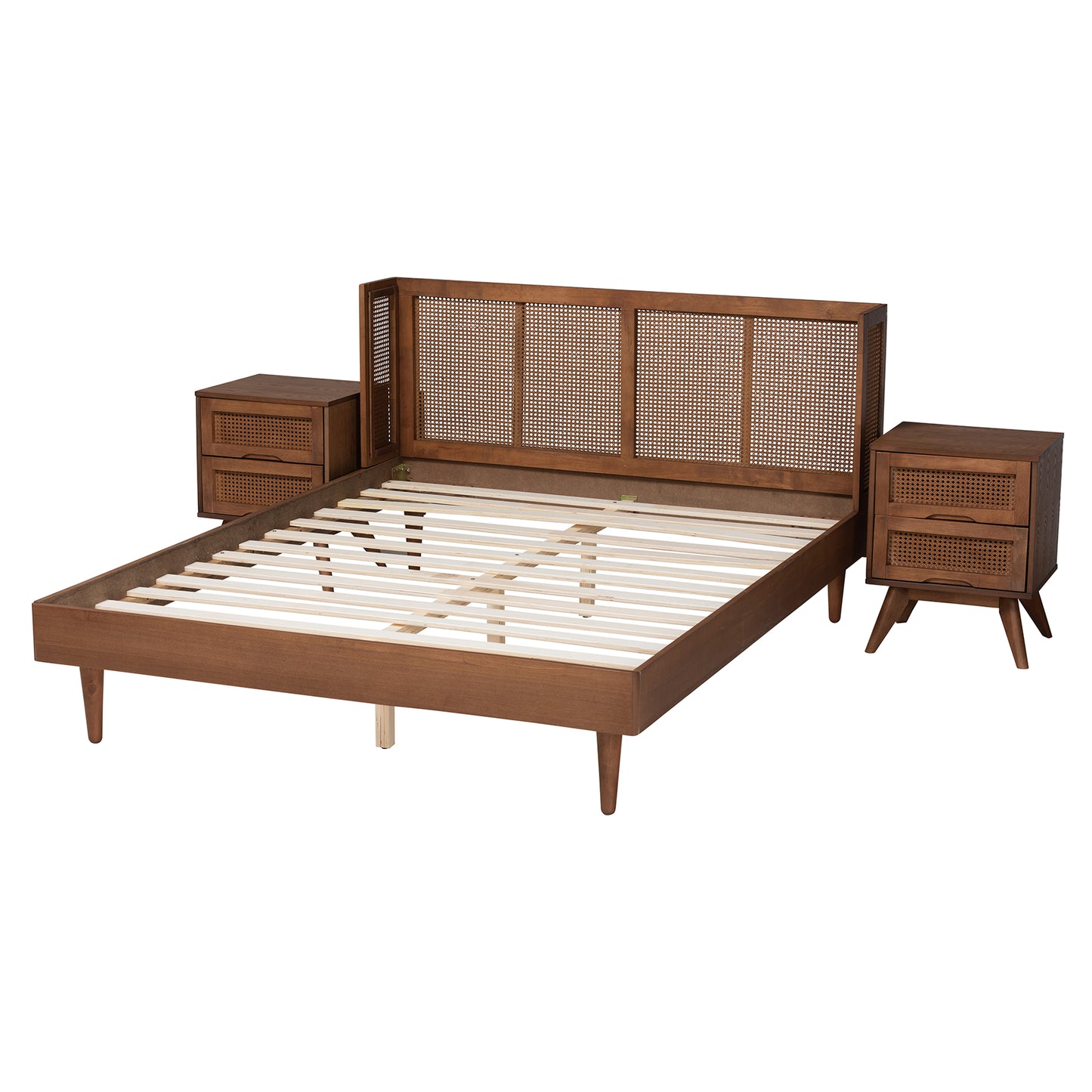 Baxton Studio Rina Mid-Century Modern Ash Walnut Finished Wood 3-Piece Full Size Bedroom Set with Synthetic Rattan | Beds | Modishstore - 3