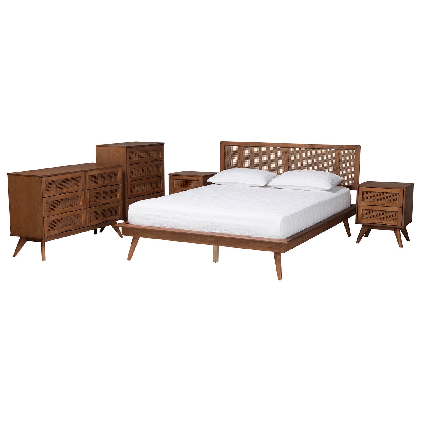 Baxton Studio Nura Mid-Century Modern Walnut Brown Finished Wood and Rattan Full Size 5-Piece Bedroom Set | Bedroom Sets | Modishstore - 6