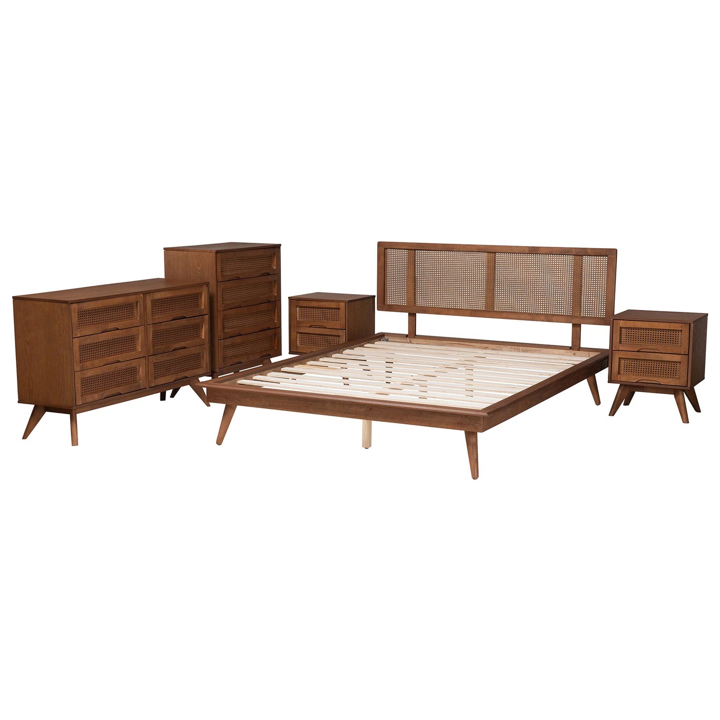 Baxton Studio Nura Mid-Century Modern Walnut Brown Finished Wood and Rattan Full Size 5-Piece Bedroom Set | Bedroom Sets | Modishstore - 7