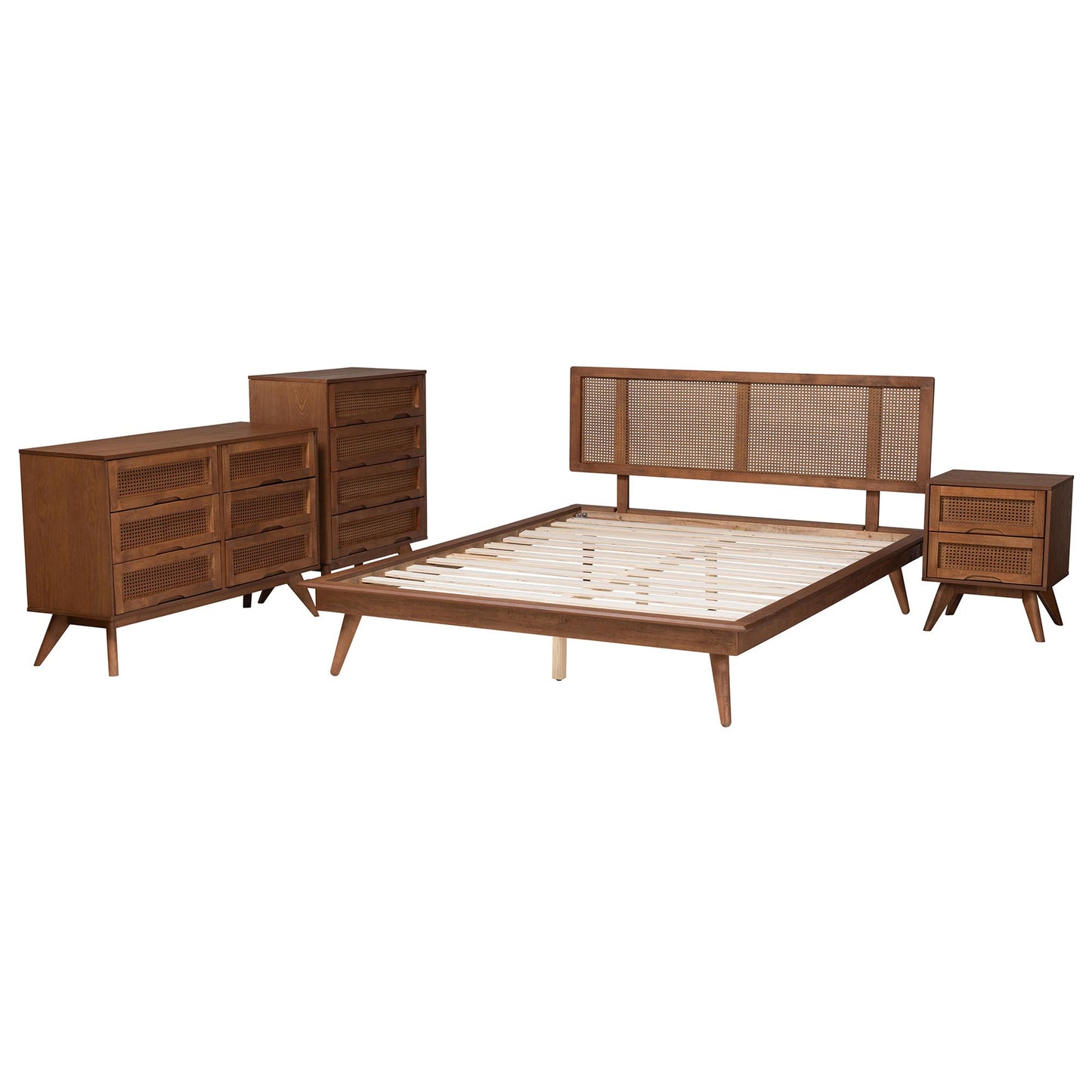 Baxton Studio Nura Mid-Century Modern Walnut Brown Finished Wood and Rattan Full Size 4-Piece Bedroom Set | Bedroom Sets | Modishstore - 7