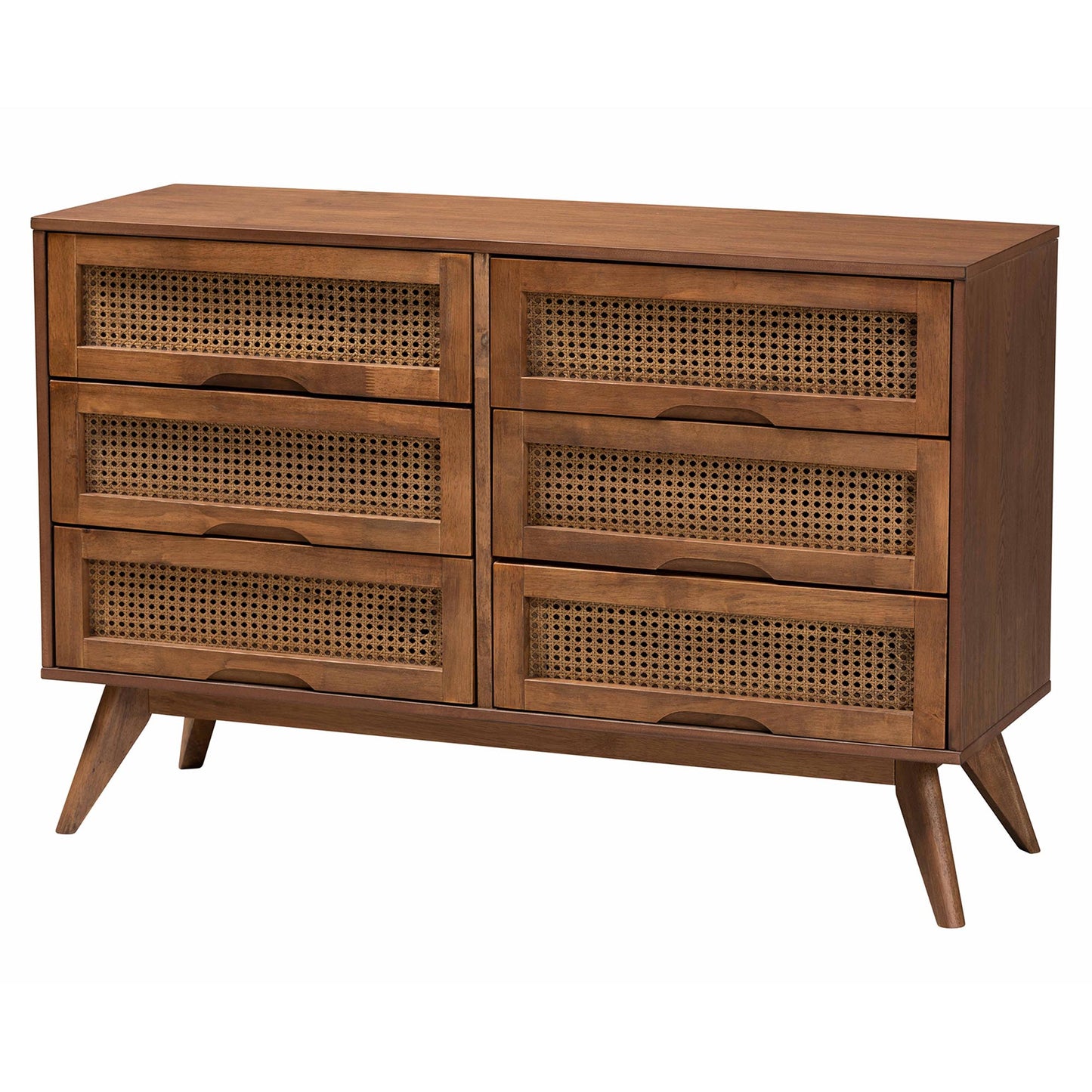 Baxton Studio Nura Mid-Century Modern Walnut Brown Finished Wood and Rattan Full Size 4-Piece Bedroom Set | Bedroom Sets | Modishstore - 11