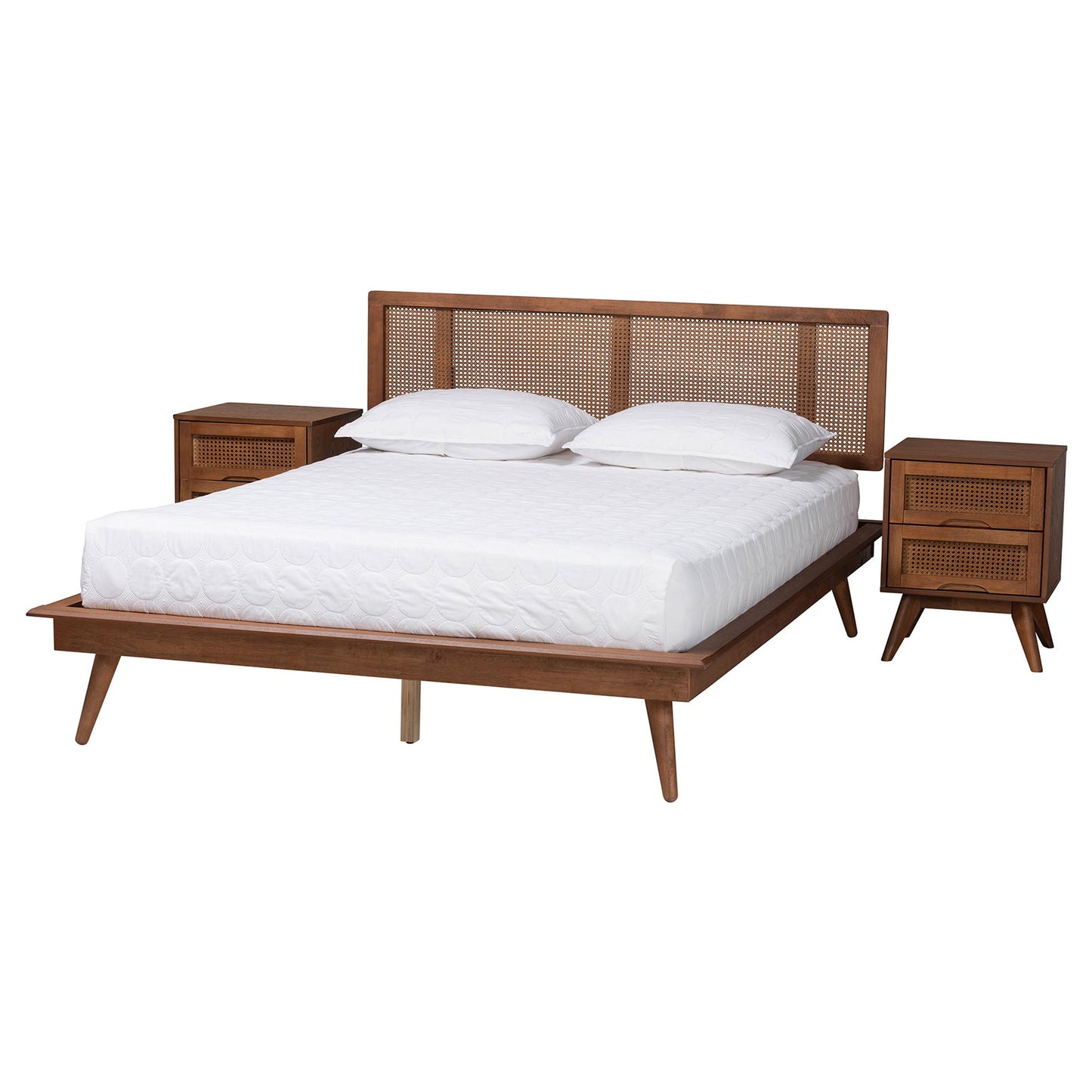 Baxton Studio Nura Mid-Century Modern Walnut Brown Finished Wood and Rattan Full Size 3-Piece Bedroom Set | Bedroom Sets | Modishstore - 5