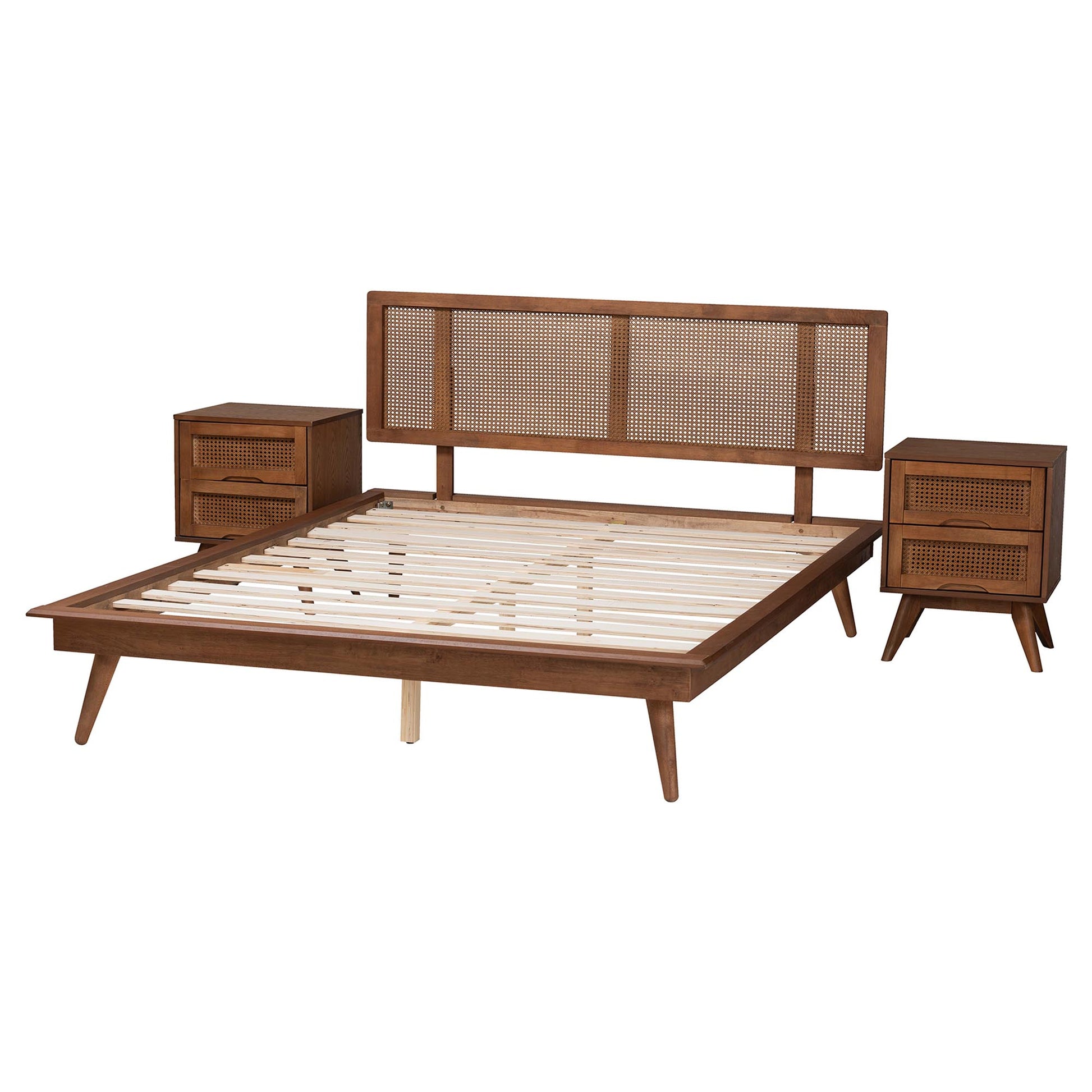 Baxton Studio Nura Mid-Century Modern Walnut Brown Finished Wood and Rattan Full Size 3-Piece Bedroom Set | Bedroom Sets | Modishstore - 6