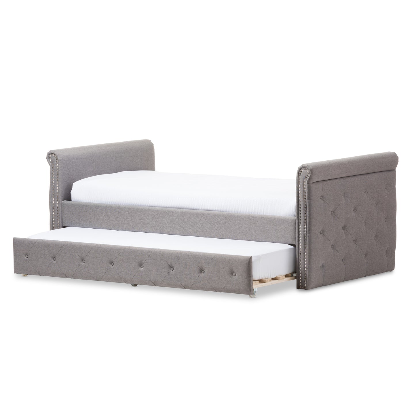 Baxton Studio Swamson Modern and Contemporary Grey Fabric Tufted Twin Size Daybed with Roll-out Trundle Guest Bed | Daybeds | Modishstore