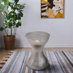 Industrial Style Hammered Texture Iron Stool with Hourglass Shaped Body, Silver By Benzara