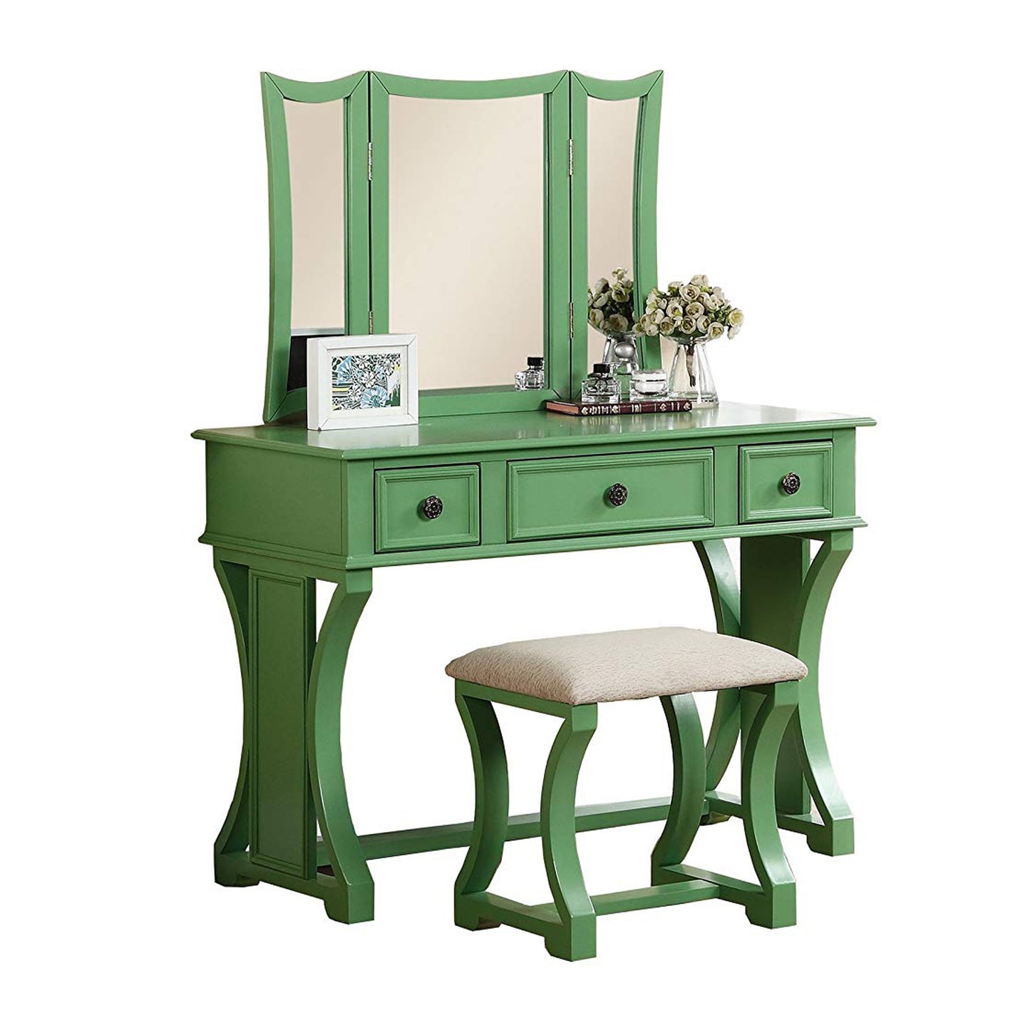 Modish Vanity Set Featuring Stool And Mirror Green By Benzara | Bedroom Sets | Modishstore