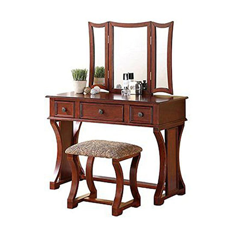 Modish Vanity Set Featuring Stool And Mirror Cherry Brown By Benzara | Bedroom Sets | Modishstore