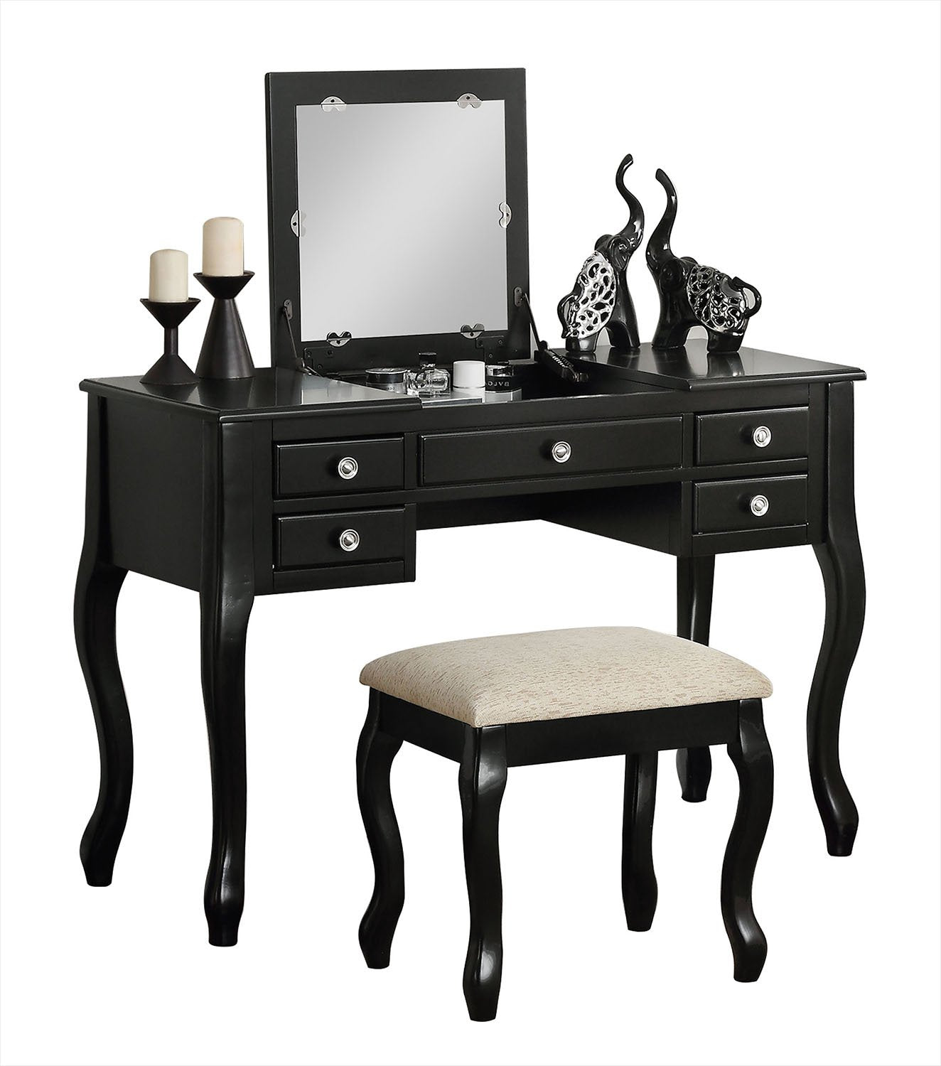 Cherub Vanity Set Featuring Stool And Mirror Black By Benzara | Bedroom Sets | Modishstore - 2