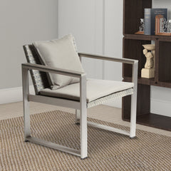 Aluminum Upholstered Cushioned Chair with Rattan, Gray/Taupe By Benzara